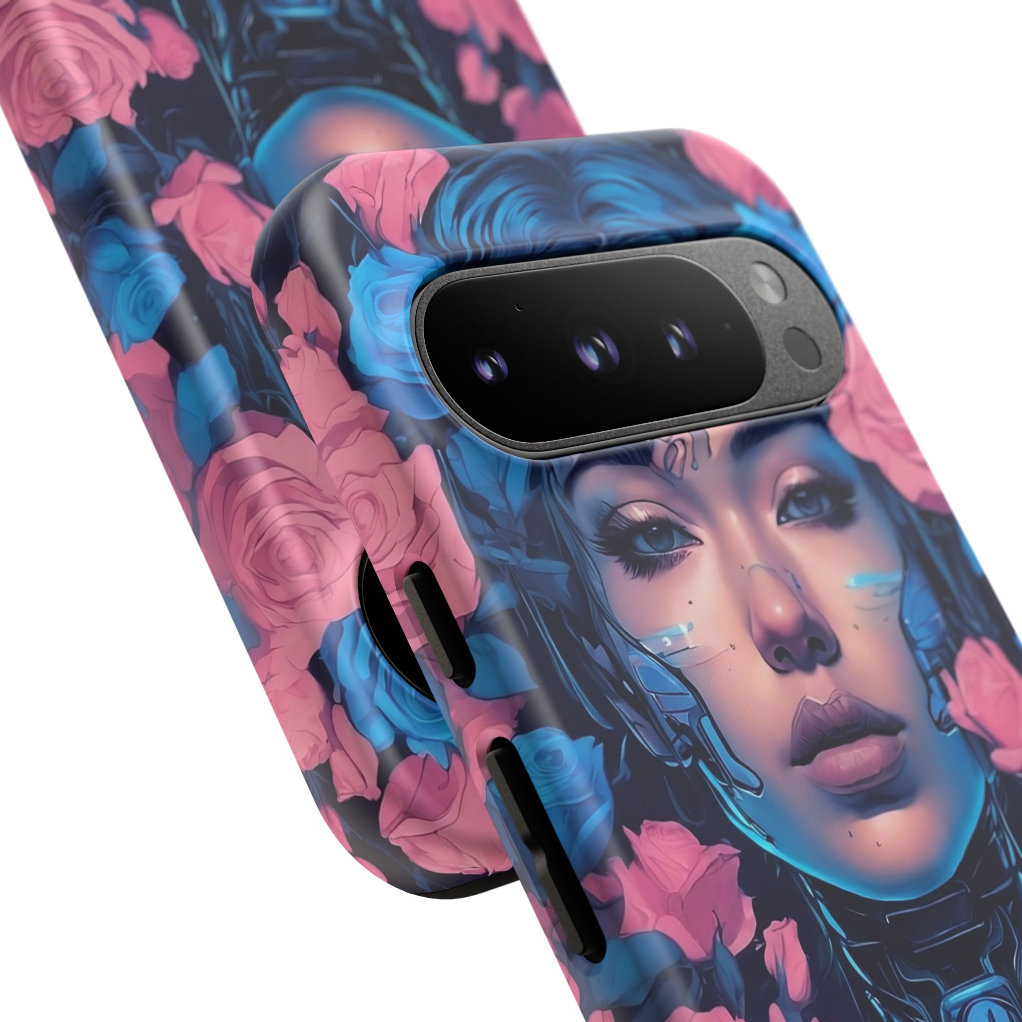 Phone Case, Tough Anime Woman Sci Fi Roses Design, Pink Blue Floral Cover, Protective iPhone Samsung Huawei Google, Gift for Anime Lovers, - Image 107