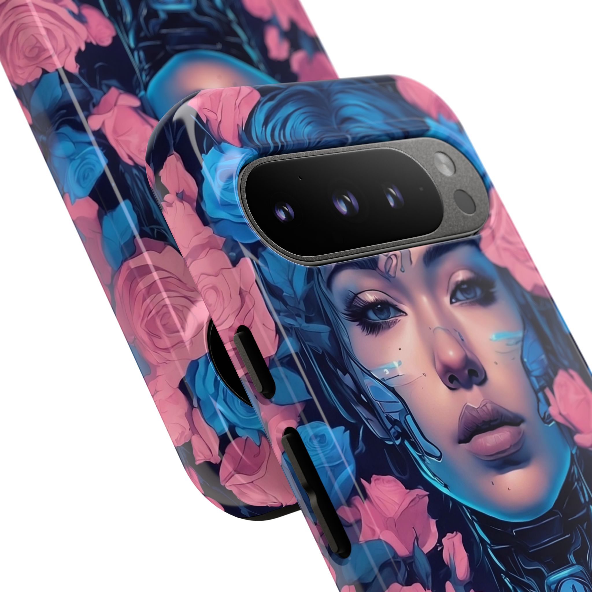 Phone Case, Tough Anime Woman Sci Fi Roses Design, Pink Blue Floral Cover, Protective iPhone Samsung Huawei Google, Gift for Anime Lovers, - Image 104