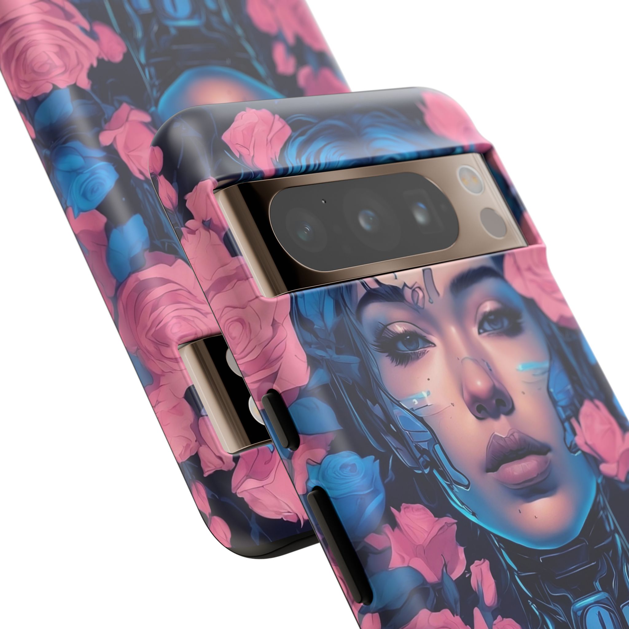 Phone Case, Tough Anime Woman Sci Fi Roses Design, Pink Blue Floral Cover, Protective iPhone Samsung Huawei Google, Gift for Anime Lovers, - Image 54