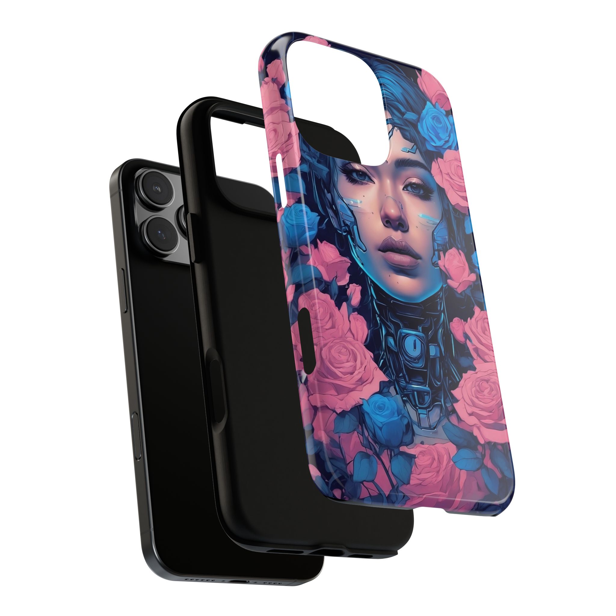 Phone Case, Tough Anime Woman Sci Fi Roses Design, Pink Blue Floral Cover, Protective iPhone Samsung Huawei Google, Gift for Anime Lovers, - Image 91