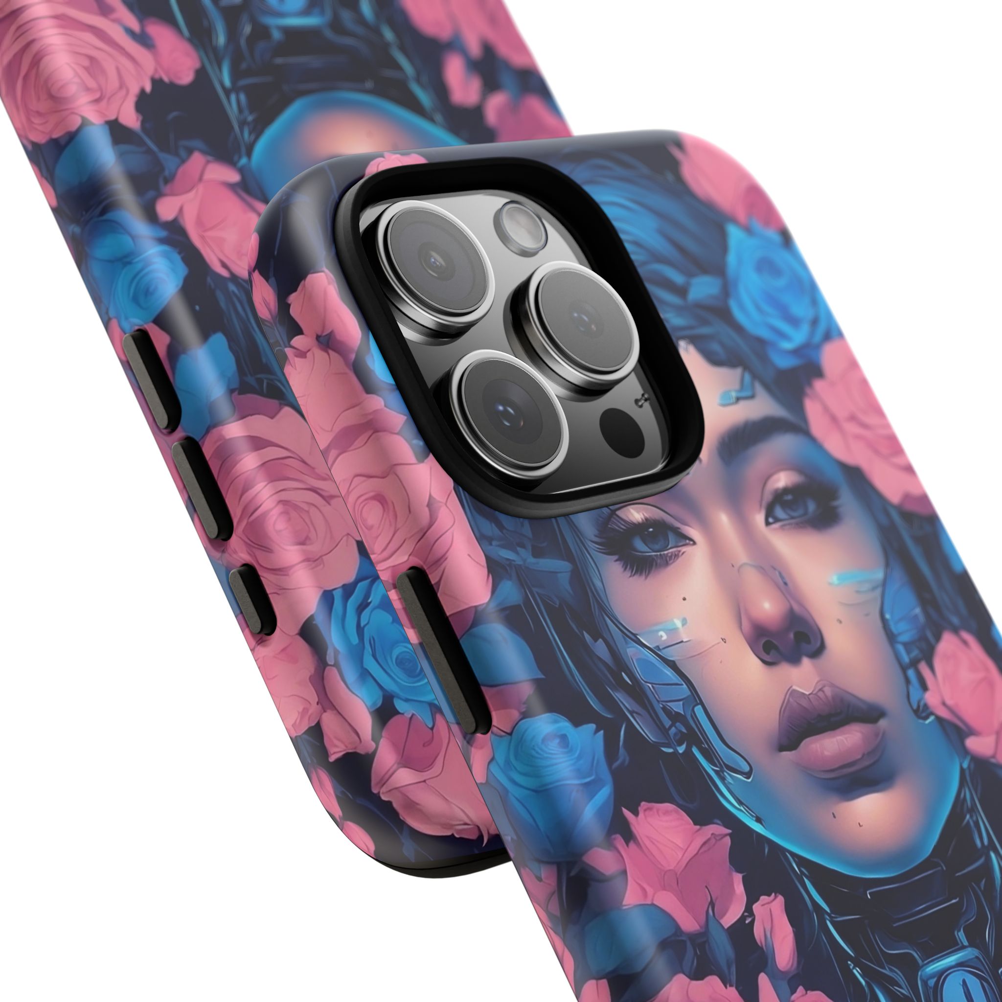 Phone Case, Tough Anime Woman Sci Fi Roses Design, Pink Blue Floral Cover, Protective iPhone Samsung Huawei Google, Gift for Anime Lovers, - Image 94
