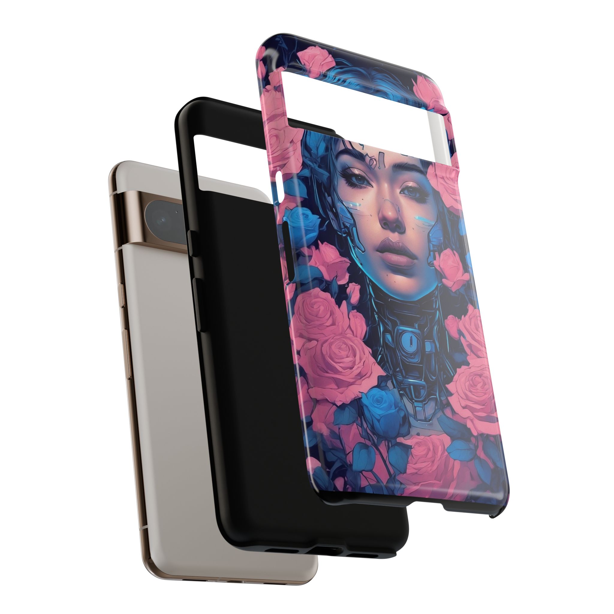 Phone Case, Tough Anime Woman Sci Fi Roses Design, Pink Blue Floral Cover, Protective iPhone Samsung Huawei Google, Gift for Anime Lovers, - Image 52