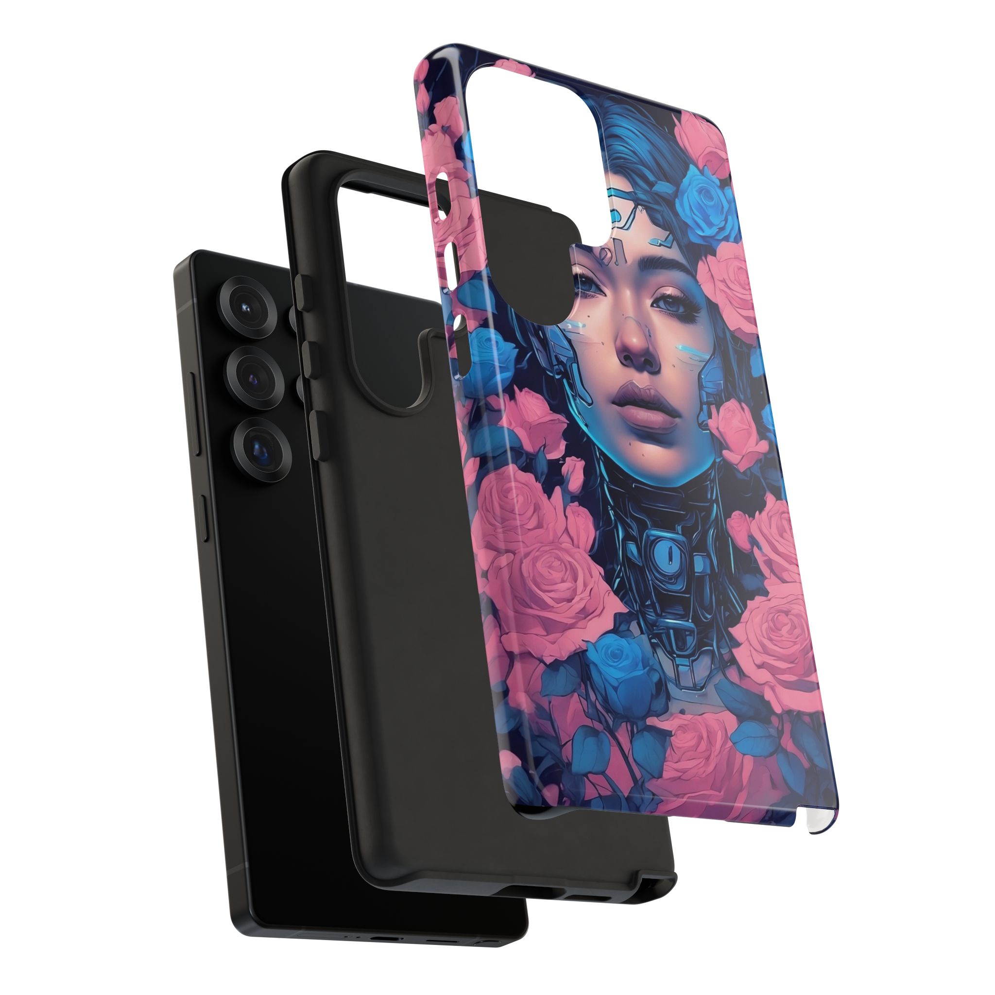 Phone Case, Tough Anime Woman Sci Fi Roses Design, Pink Blue Floral Cover, Protective iPhone Samsung Huawei Google, Gift for Anime Lovers, - Image 134