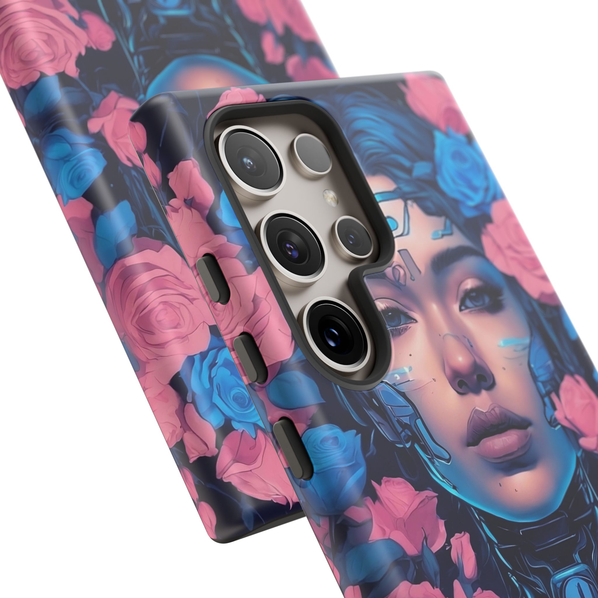 Phone Case, Tough Anime Woman Sci Fi Roses Design, Pink Blue Floral Cover, Protective iPhone Samsung Huawei Google, Gift for Anime Lovers, - Image 46