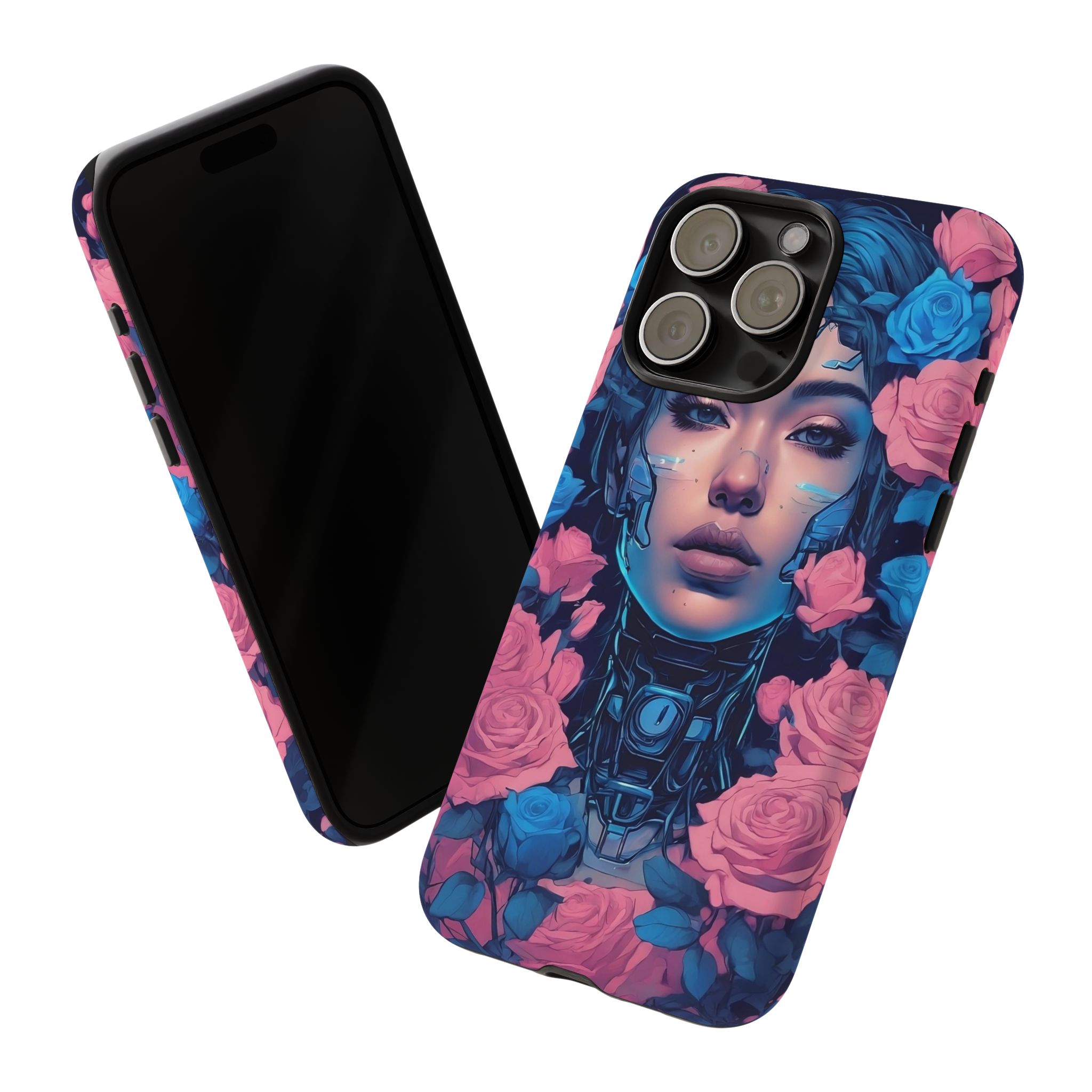 Phone Case, Tough Anime Woman Sci Fi Roses Design, Pink Blue Floral Cover, Protective iPhone Samsung Huawei Google, Gift for Anime Lovers, - Image 23