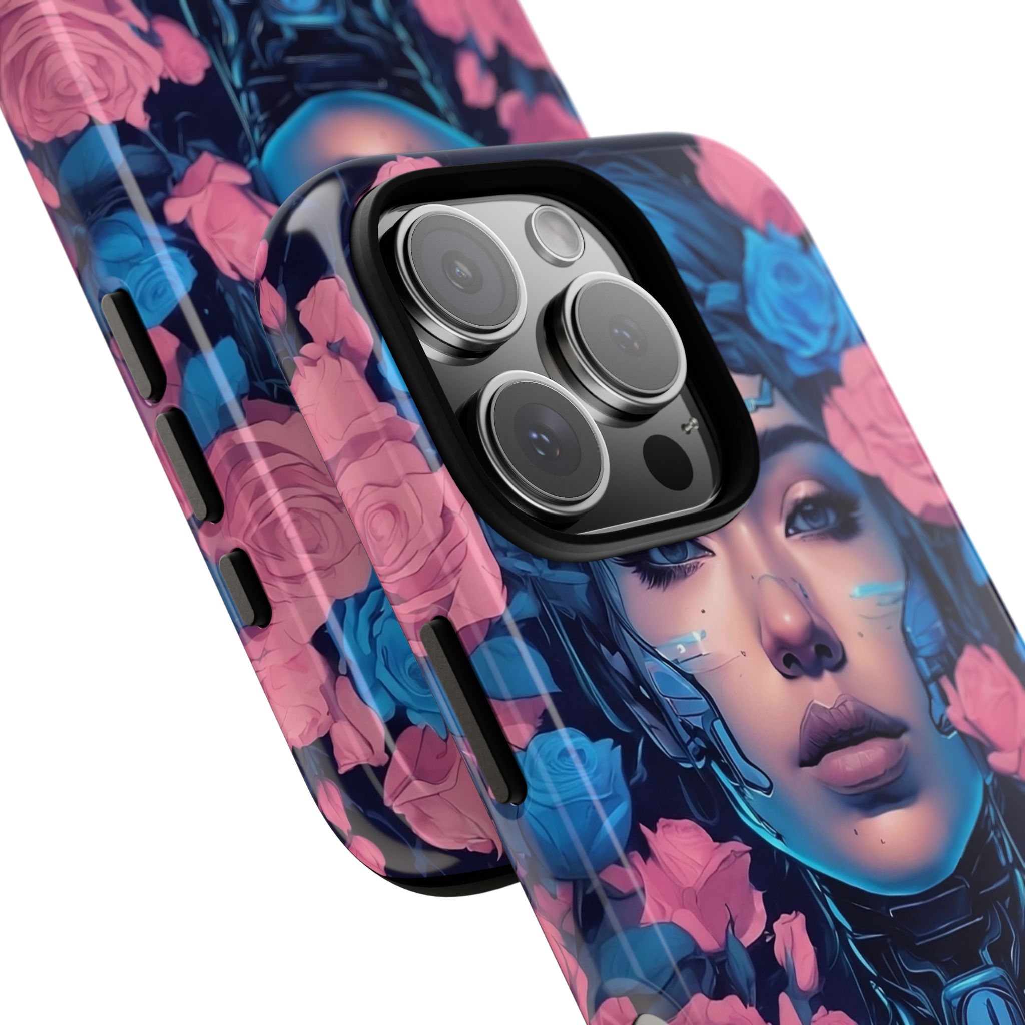 Phone Case, Tough Anime Woman Sci Fi Roses Design, Pink Blue Floral Cover, Protective iPhone Samsung Huawei Google, Gift for Anime Lovers, - Image 82