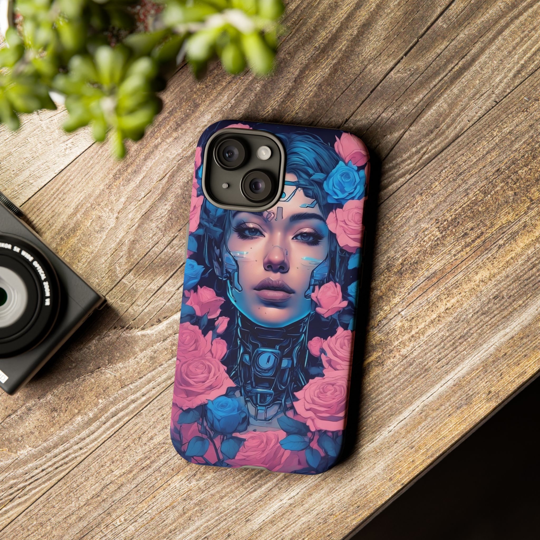 Phone Case, Tough Anime Woman Sci Fi Roses Design, Pink Blue Floral Cover, Protective iPhone Samsung Huawei Google, Gift for Anime Lovers, - Image 6