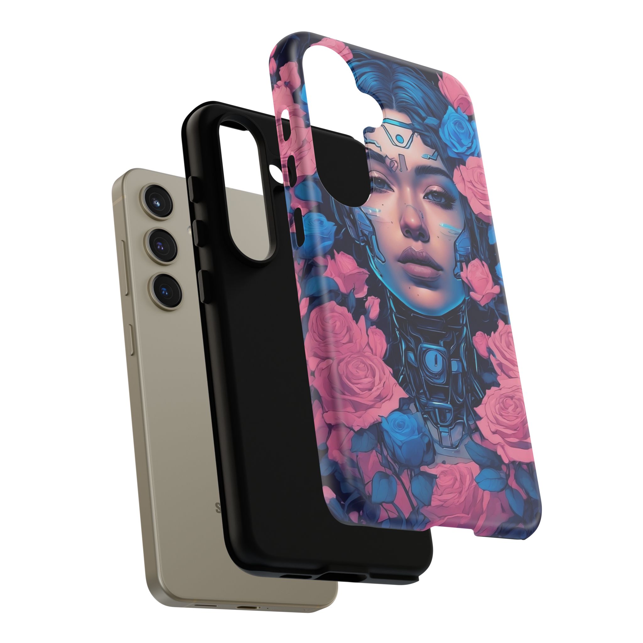 Phone Case, Tough Anime Woman Sci Fi Roses Design, Pink Blue Floral Cover, Protective iPhone Samsung Huawei Google, Gift for Anime Lovers, - Image 32