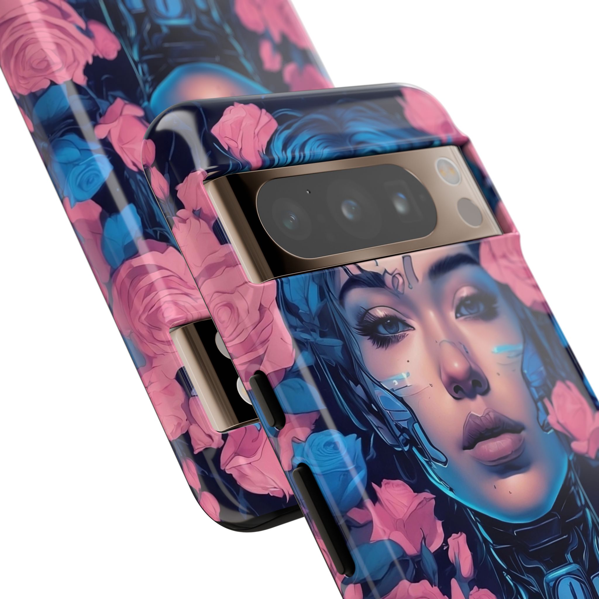 Phone Case, Tough Anime Woman Sci Fi Roses Design, Pink Blue Floral Cover, Protective iPhone Samsung Huawei Google, Gift for Anime Lovers, - Image 50