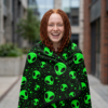 Alien Heads Sherpa Fleece Blanket — Neon Green Space Pattern Cozy Throw