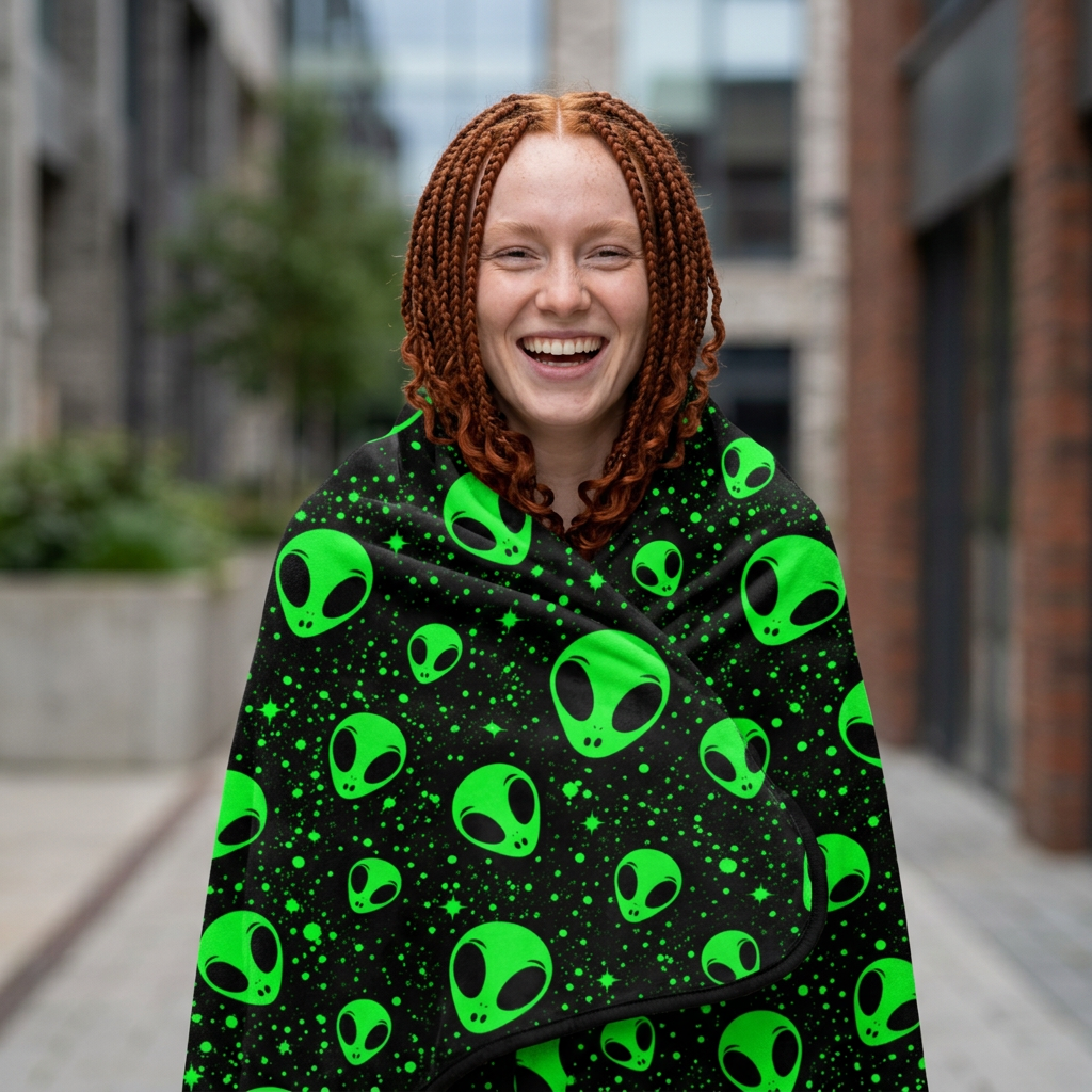 Alien Heads Sherpa Fleece Blanket — Neon Green Space Pattern Cozy Throw