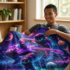 Astronaut Guitar Minky Blanket – Neon Space Rock Galaxy Throw