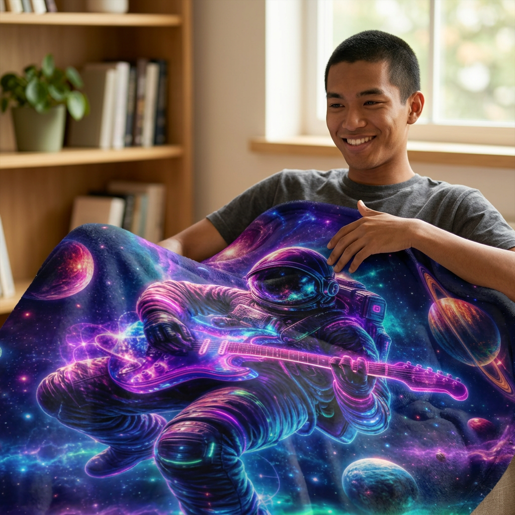 Astronaut Guitar Minky Blanket – Neon Space Rock Galaxy Throw