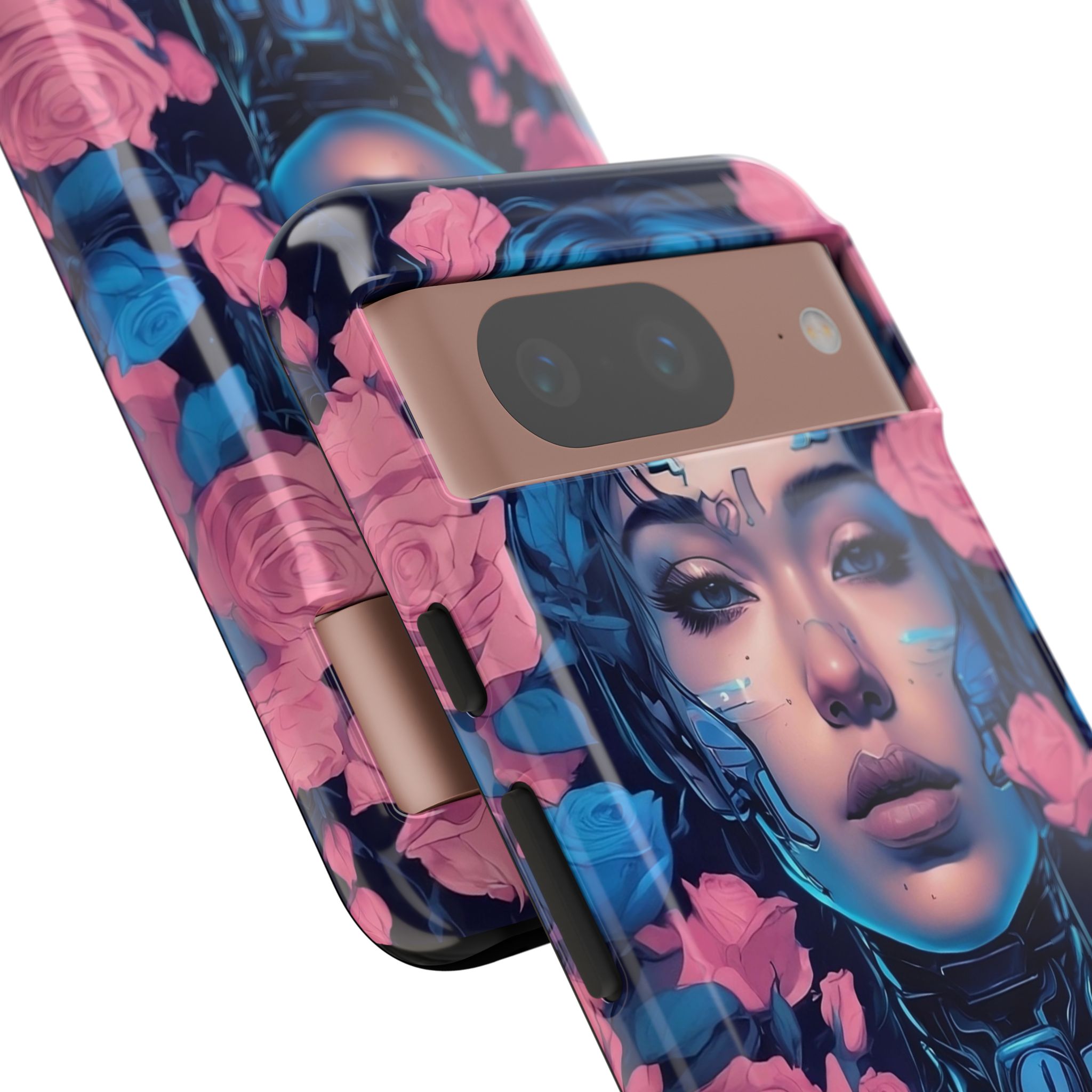 Phone Case, Tough Anime Woman Sci Fi Roses Design, Pink Blue Floral Cover, Protective iPhone Samsung Huawei Google, Gift for Anime Lovers, - Image 58