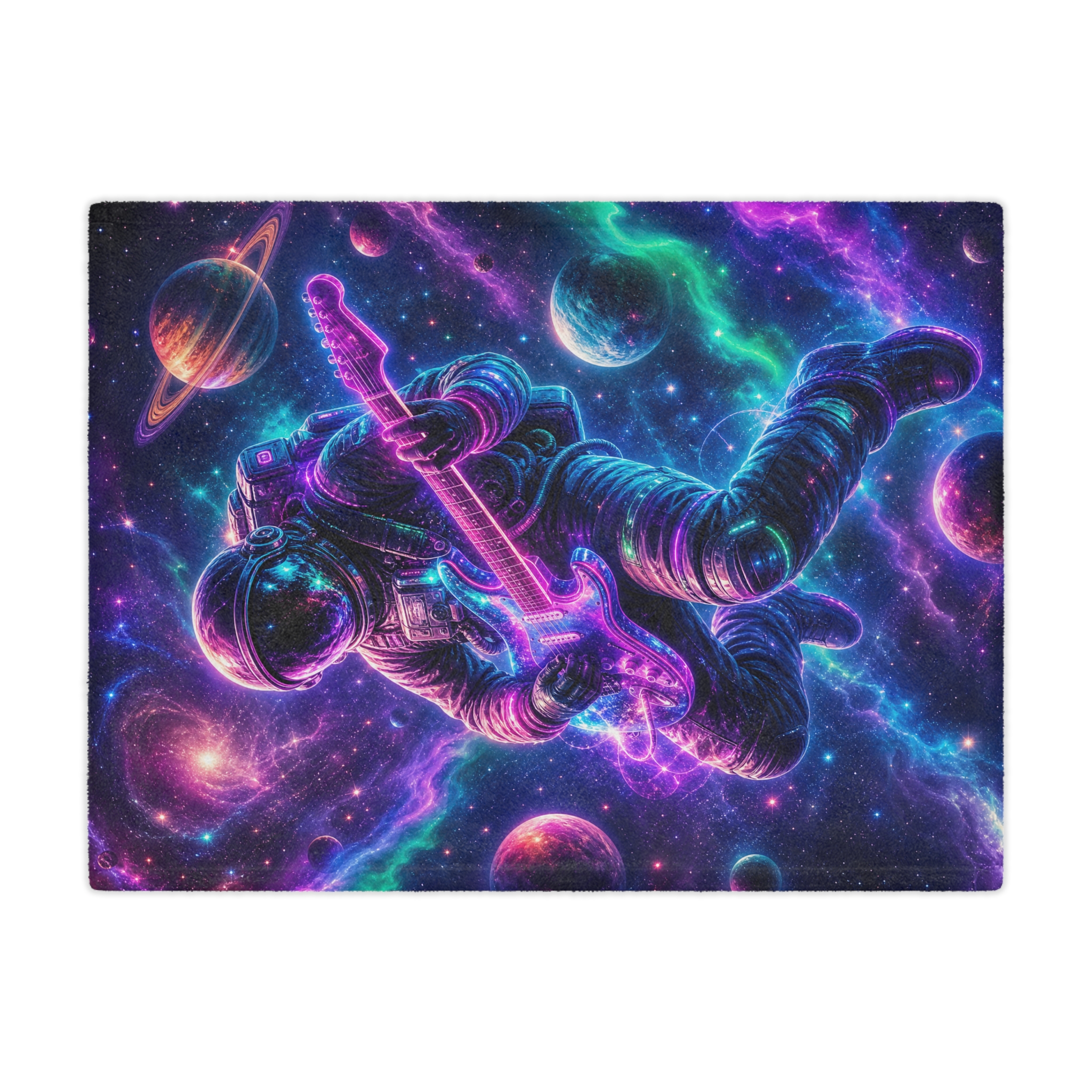 Astronaut Guitar Minky Blanket – Neon Space Rock Galaxy Throw - Image 3