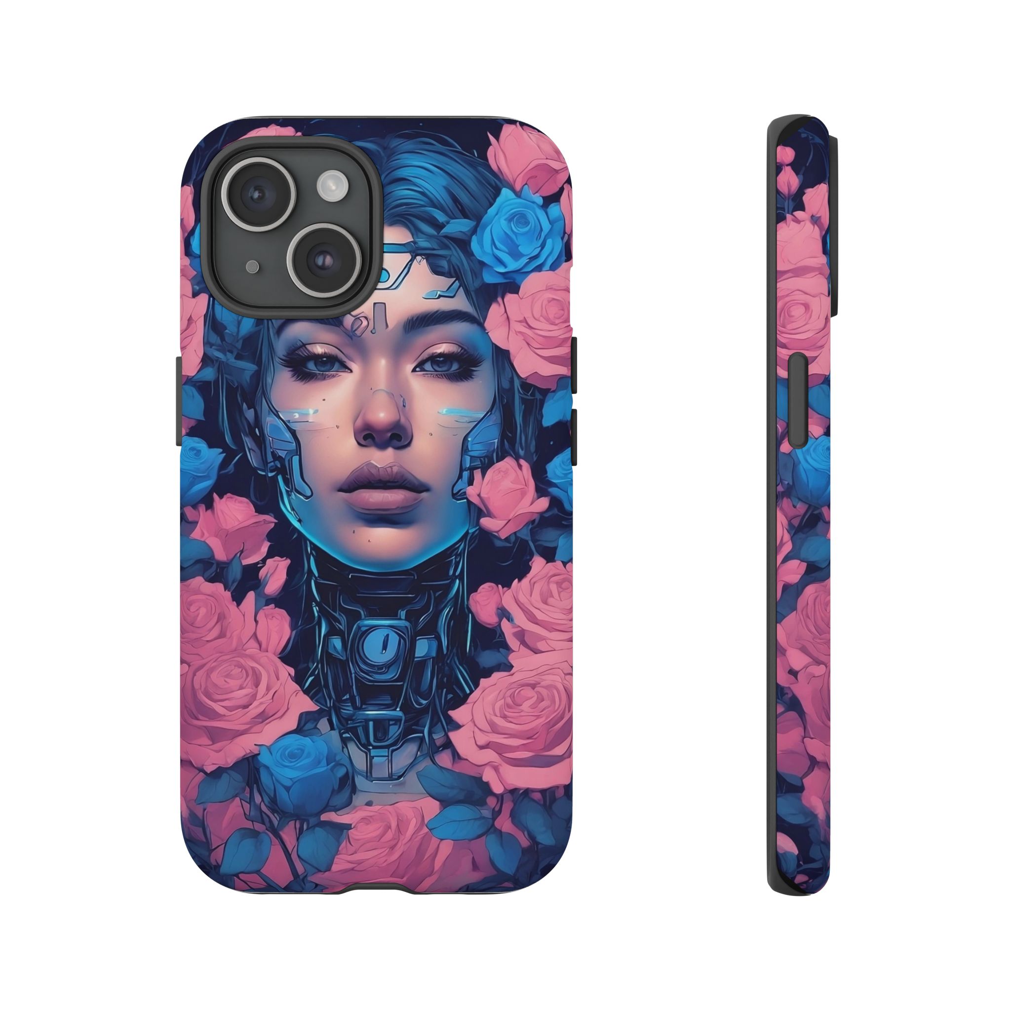 Phone Case, Tough Anime Woman Sci Fi Roses Design, Pink Blue Floral Cover, Protective iPhone Samsung Huawei Google, Gift for Anime Lovers, - Image 4