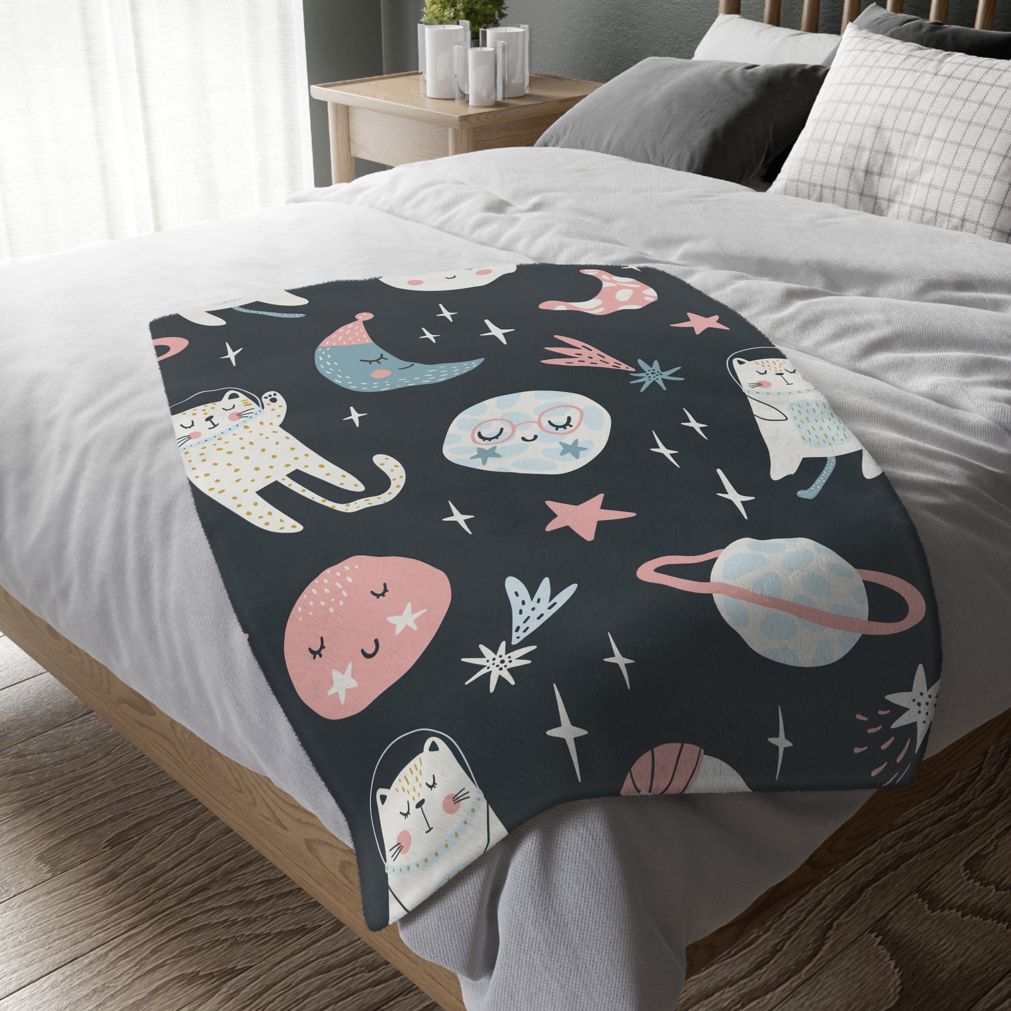 Cat Astronauts Velveteen Minky Baby Blanket 40" x 30" | Minky Blanket | Astronaut Baby Blanket - Image 4