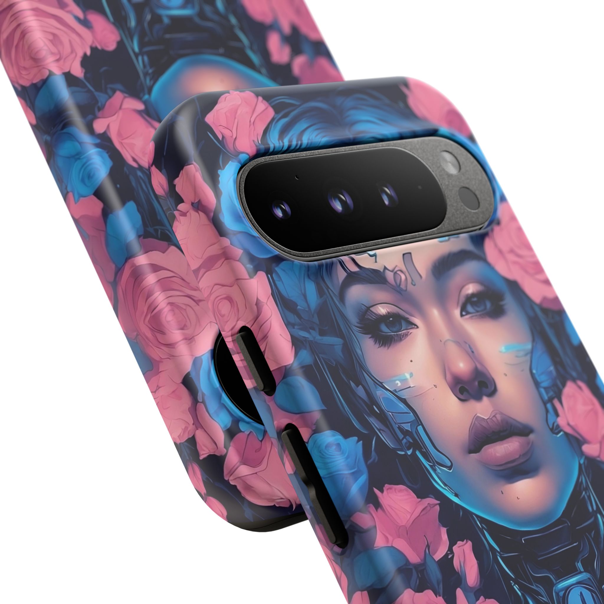 Phone Case, Tough Anime Woman Sci Fi Roses Design, Pink Blue Floral Cover, Protective iPhone Samsung Huawei Google, Gift for Anime Lovers, - Image 113