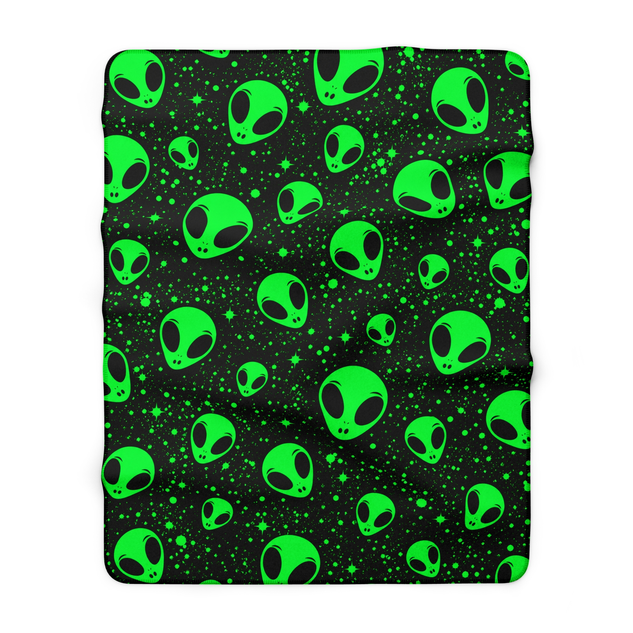 Alien Heads Sherpa Fleece Blanket — Neon Green Space Pattern Cozy Throw - Image 2