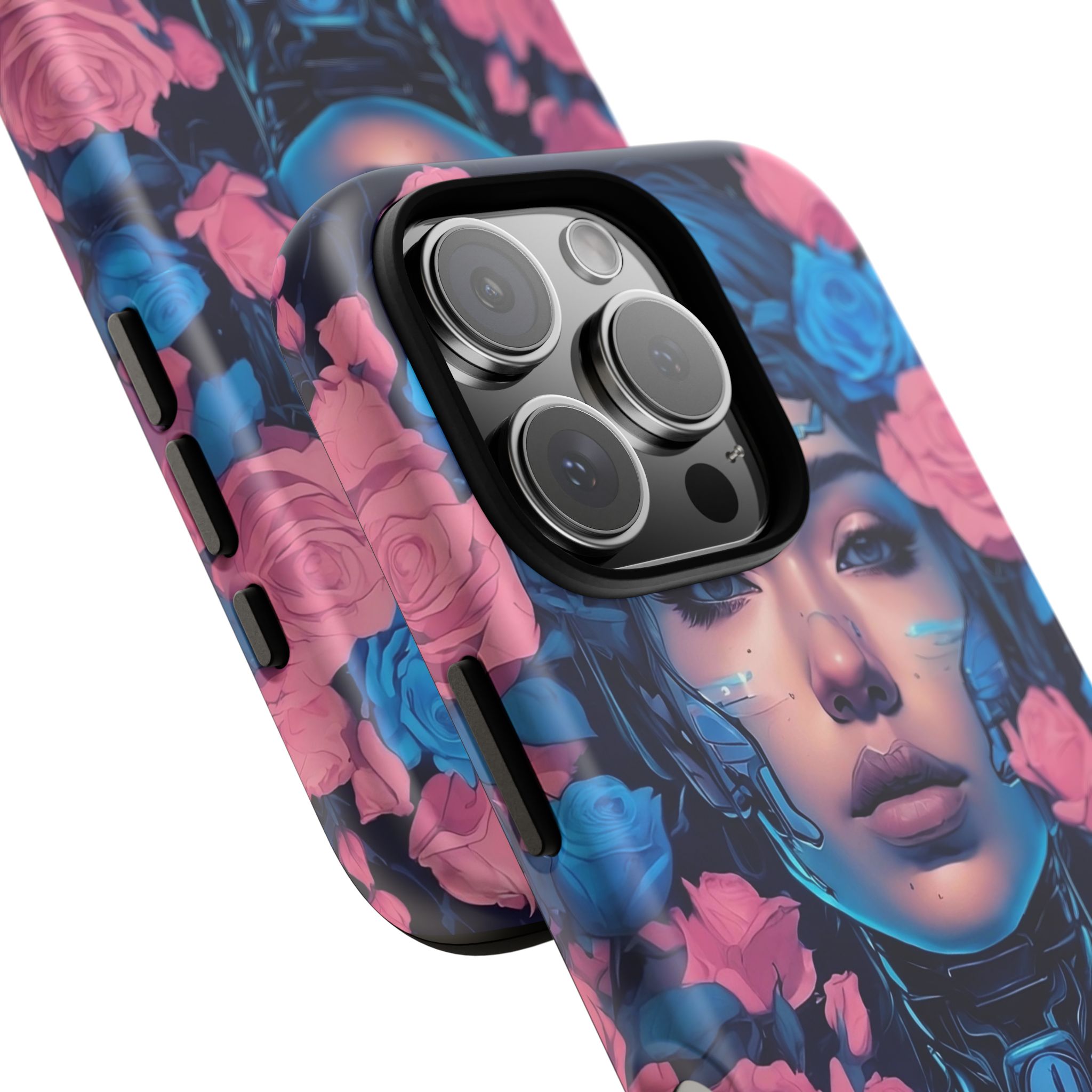Phone Case, Tough Anime Woman Sci Fi Roses Design, Pink Blue Floral Cover, Protective iPhone Samsung Huawei Google, Gift for Anime Lovers, - Image 86