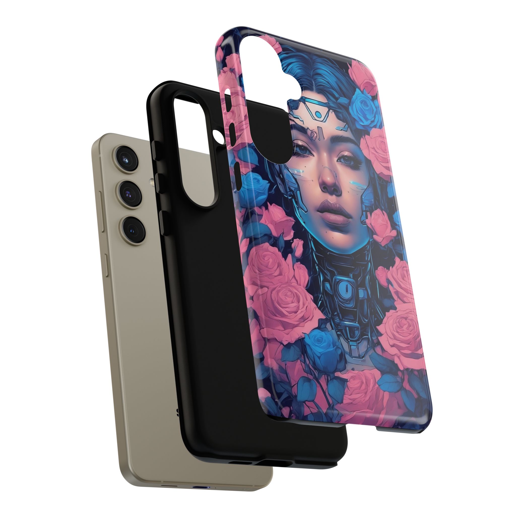 Phone Case, Tough Anime Woman Sci Fi Roses Design, Pink Blue Floral Cover, Protective iPhone Samsung Huawei Google, Gift for Anime Lovers, - Image 36
