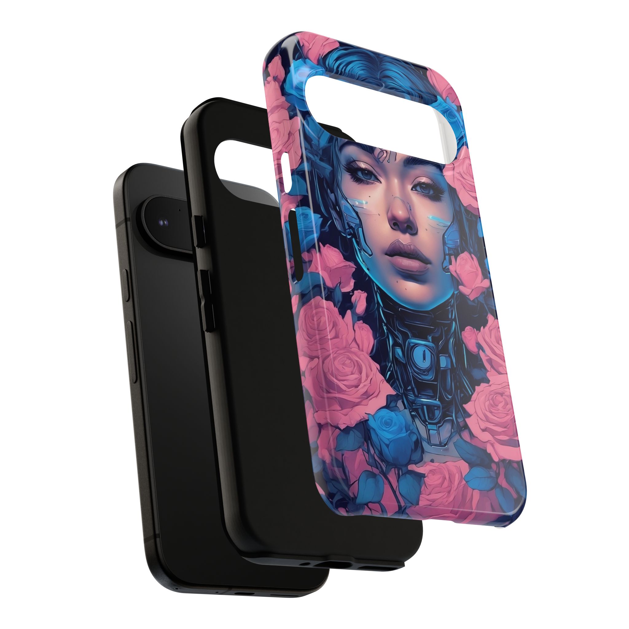 Phone Case, Tough Anime Woman Sci Fi Roses Design, Pink Blue Floral Cover, Protective iPhone Samsung Huawei Google, Gift for Anime Lovers, - Image 99