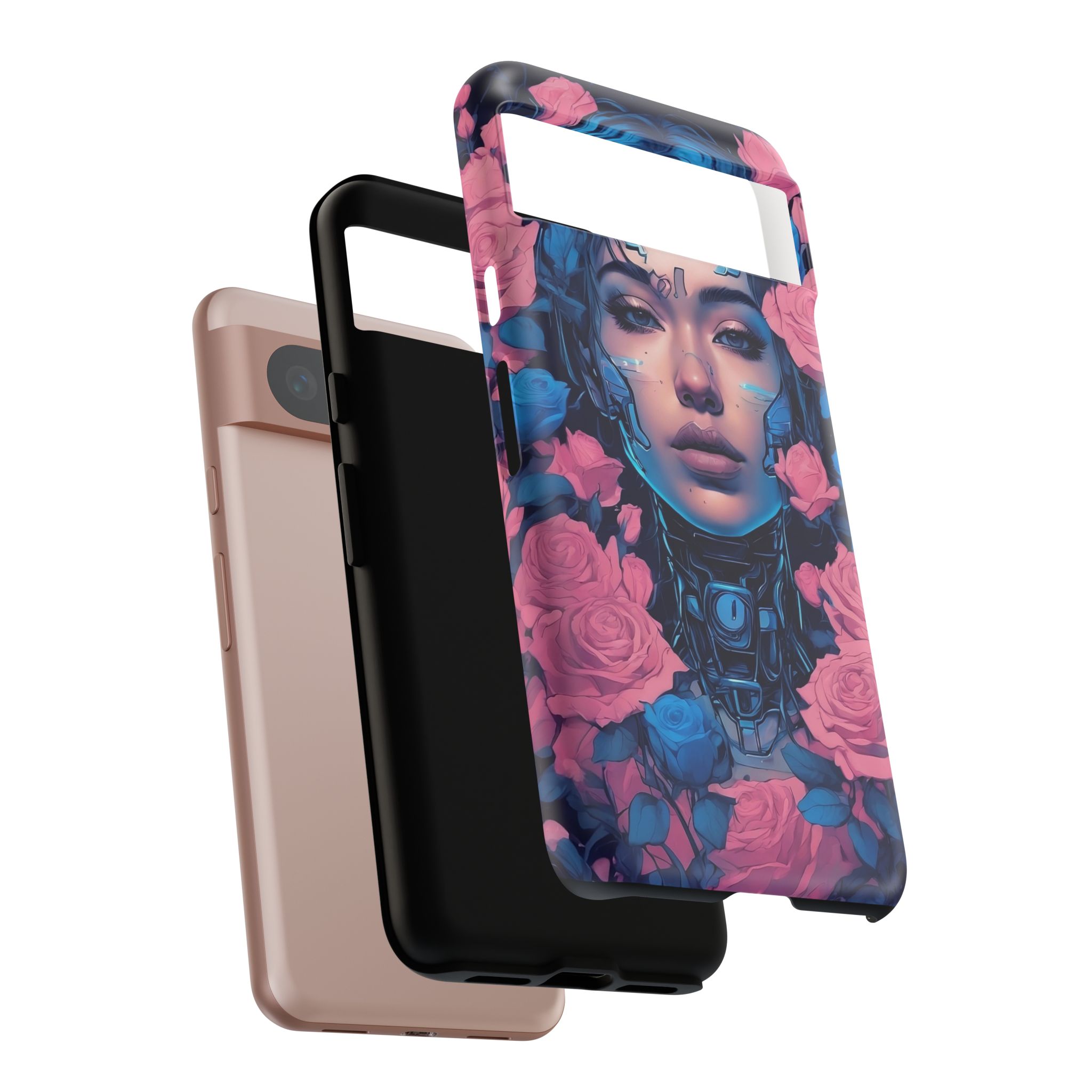 Phone Case, Tough Anime Woman Sci Fi Roses Design, Pink Blue Floral Cover, Protective iPhone Samsung Huawei Google, Gift for Anime Lovers, - Image 64