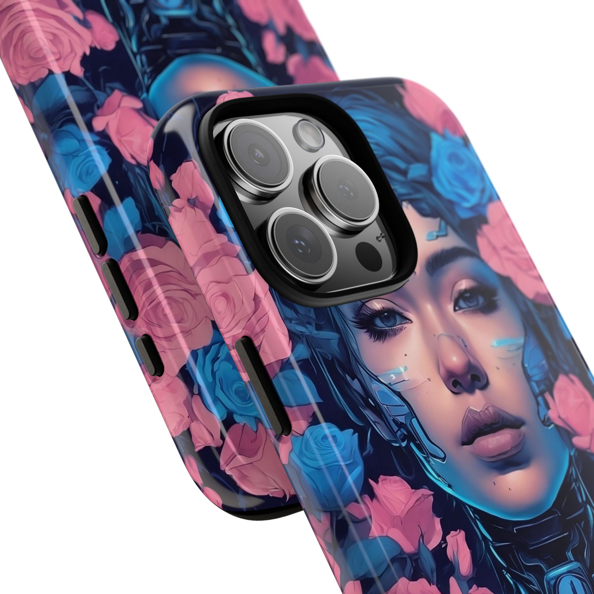 Phone Case, Tough Anime Woman Sci Fi Roses Design, Pink Blue Floral Cover, Protective iPhone Samsung Huawei Google, Gift for Anime Lovers, - Image 90