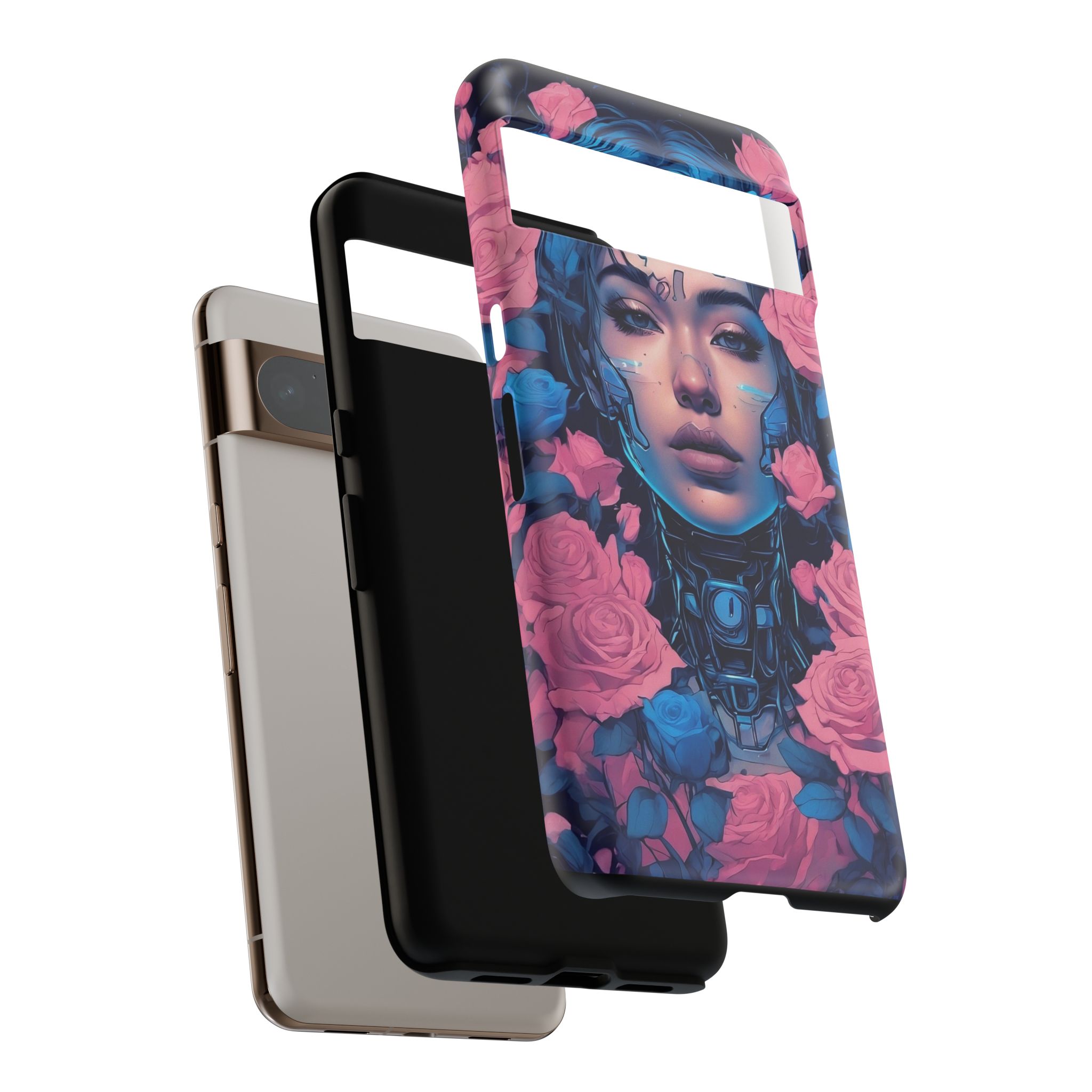 Phone Case, Tough Anime Woman Sci Fi Roses Design, Pink Blue Floral Cover, Protective iPhone Samsung Huawei Google, Gift for Anime Lovers, - Image 56