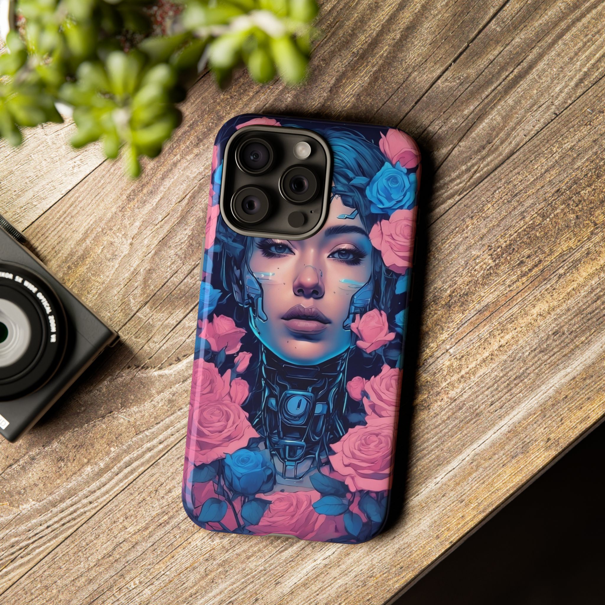 Phone Case, Tough Anime Woman Sci Fi Roses Design, Pink Blue Floral Cover, Protective iPhone Samsung Huawei Google, Gift for Anime Lovers, - Image 21