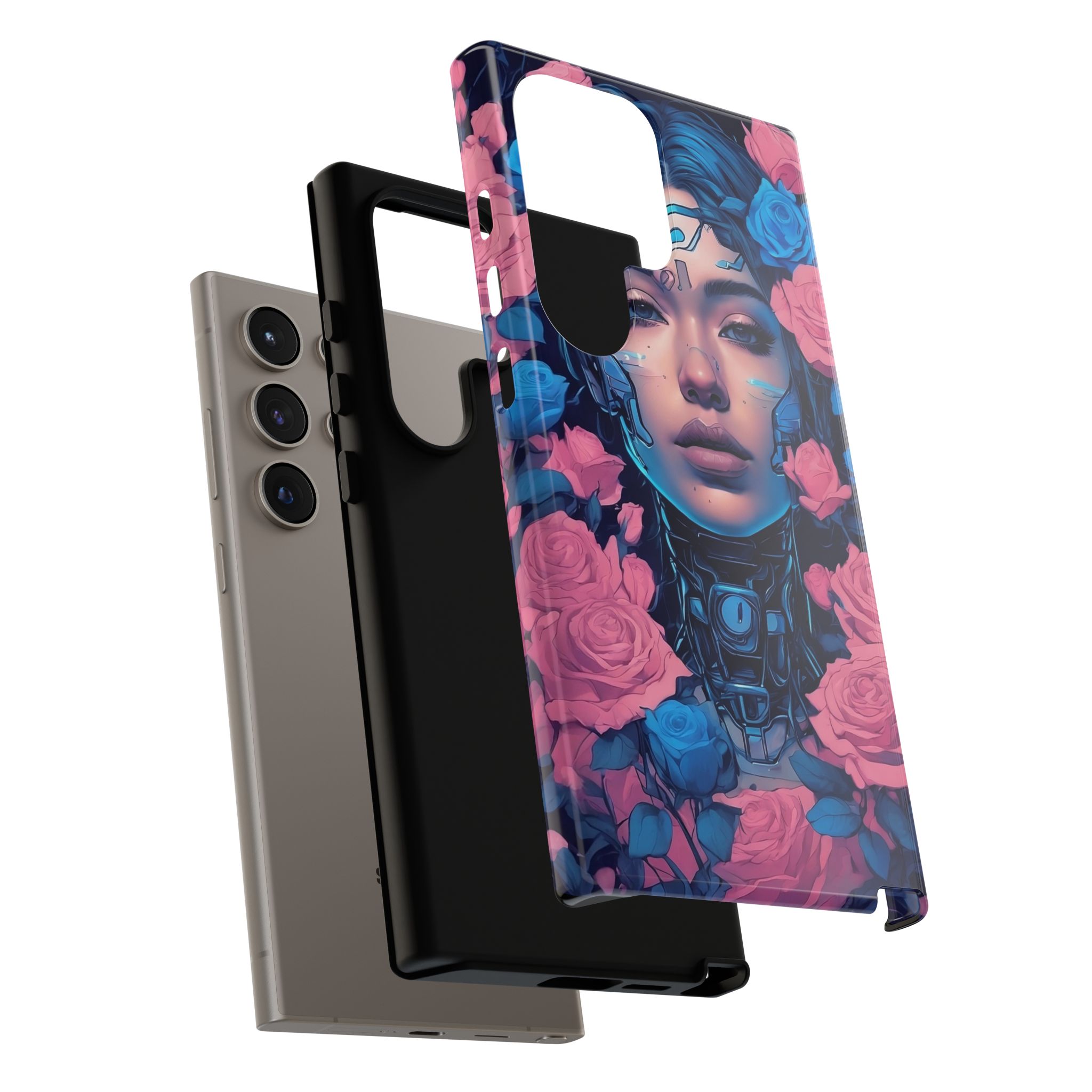 Phone Case, Tough Anime Woman Sci Fi Roses Design, Pink Blue Floral Cover, Protective iPhone Samsung Huawei Google, Gift for Anime Lovers, - Image 44