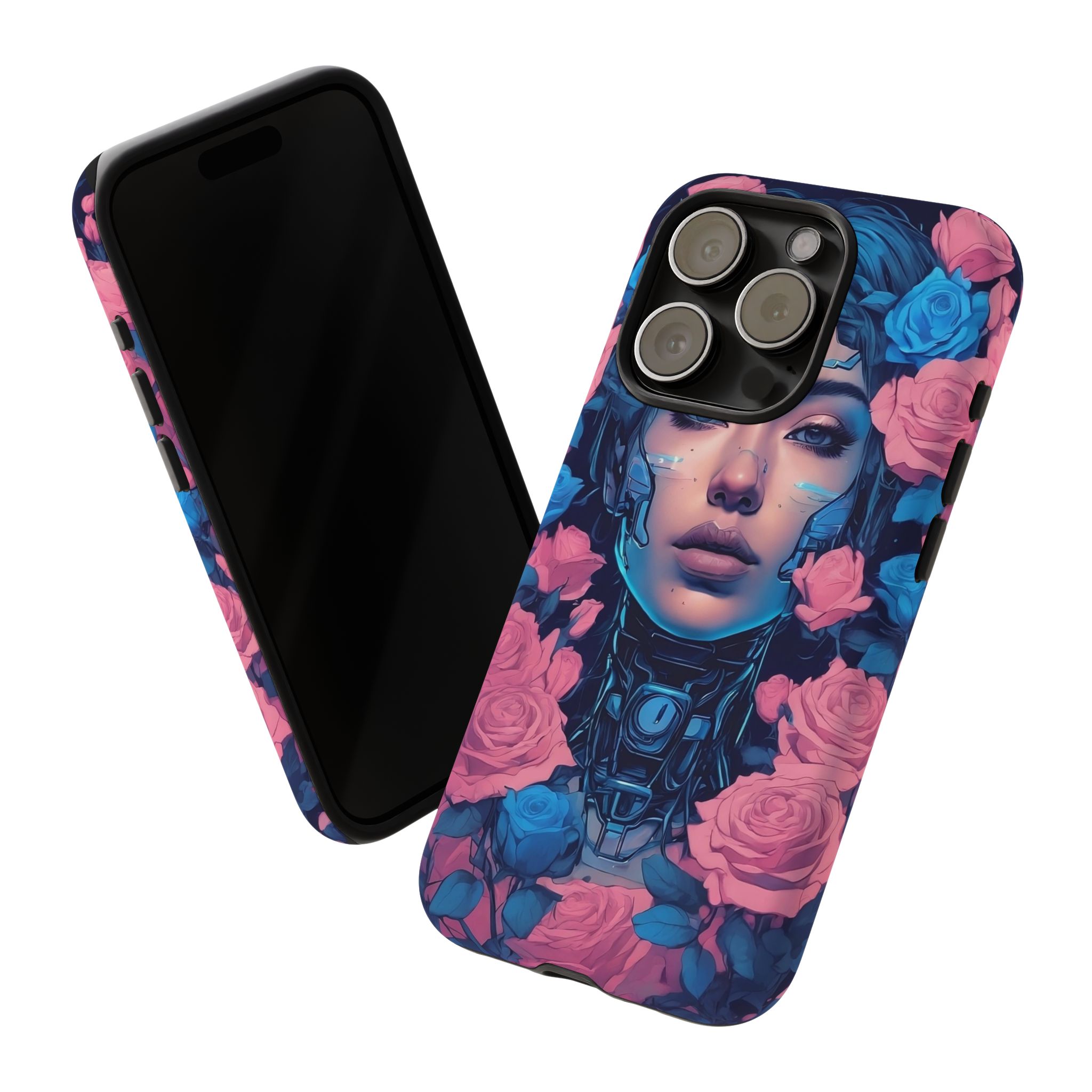 Phone Case, Tough Anime Woman Sci Fi Roses Design, Pink Blue Floral Cover, Protective iPhone Samsung Huawei Google, Gift for Anime Lovers, - Image 17