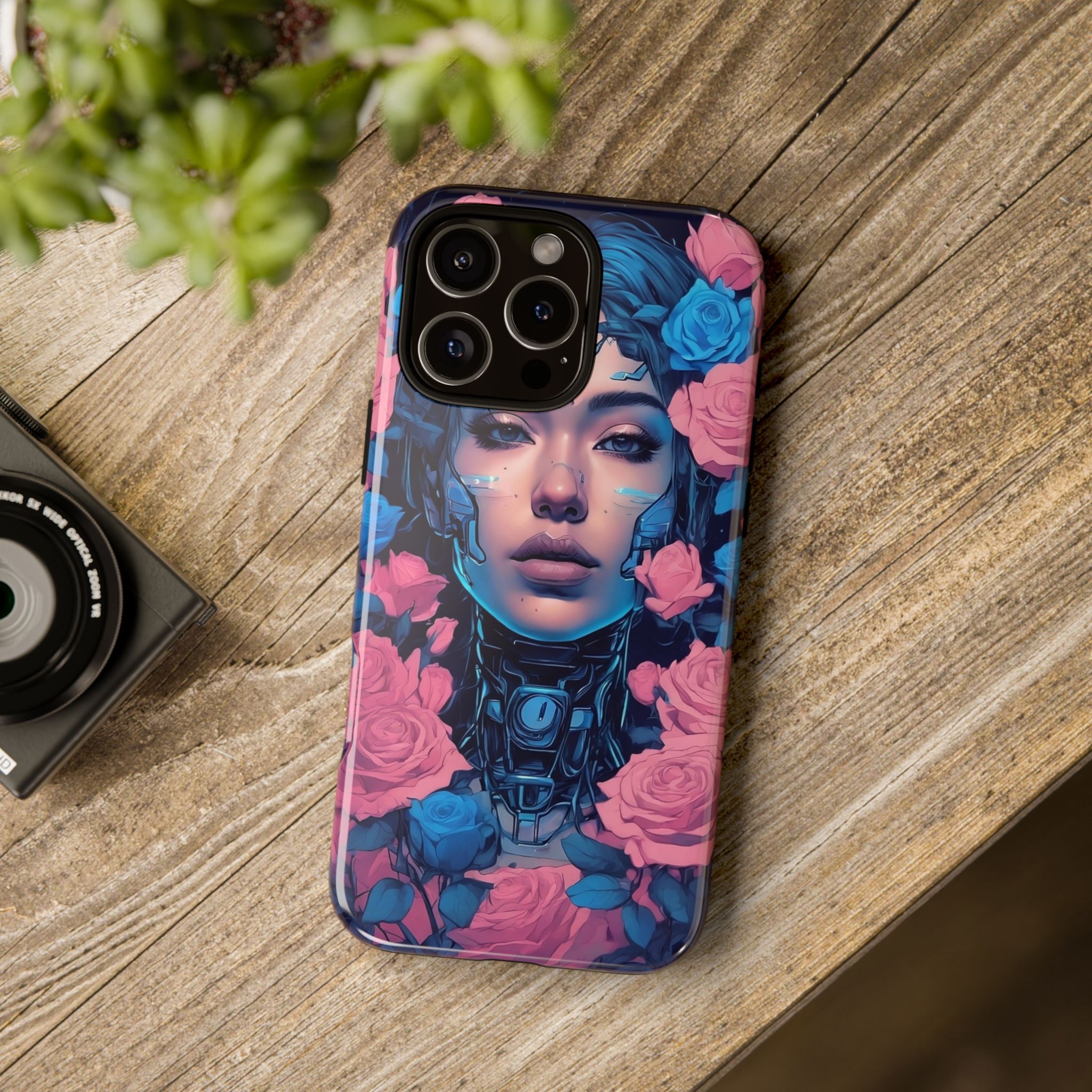 Phone Case, Tough Anime Woman Sci Fi Roses Design, Pink Blue Floral Cover, Protective iPhone Samsung Huawei Google, Gift for Anime Lovers, - Image 92