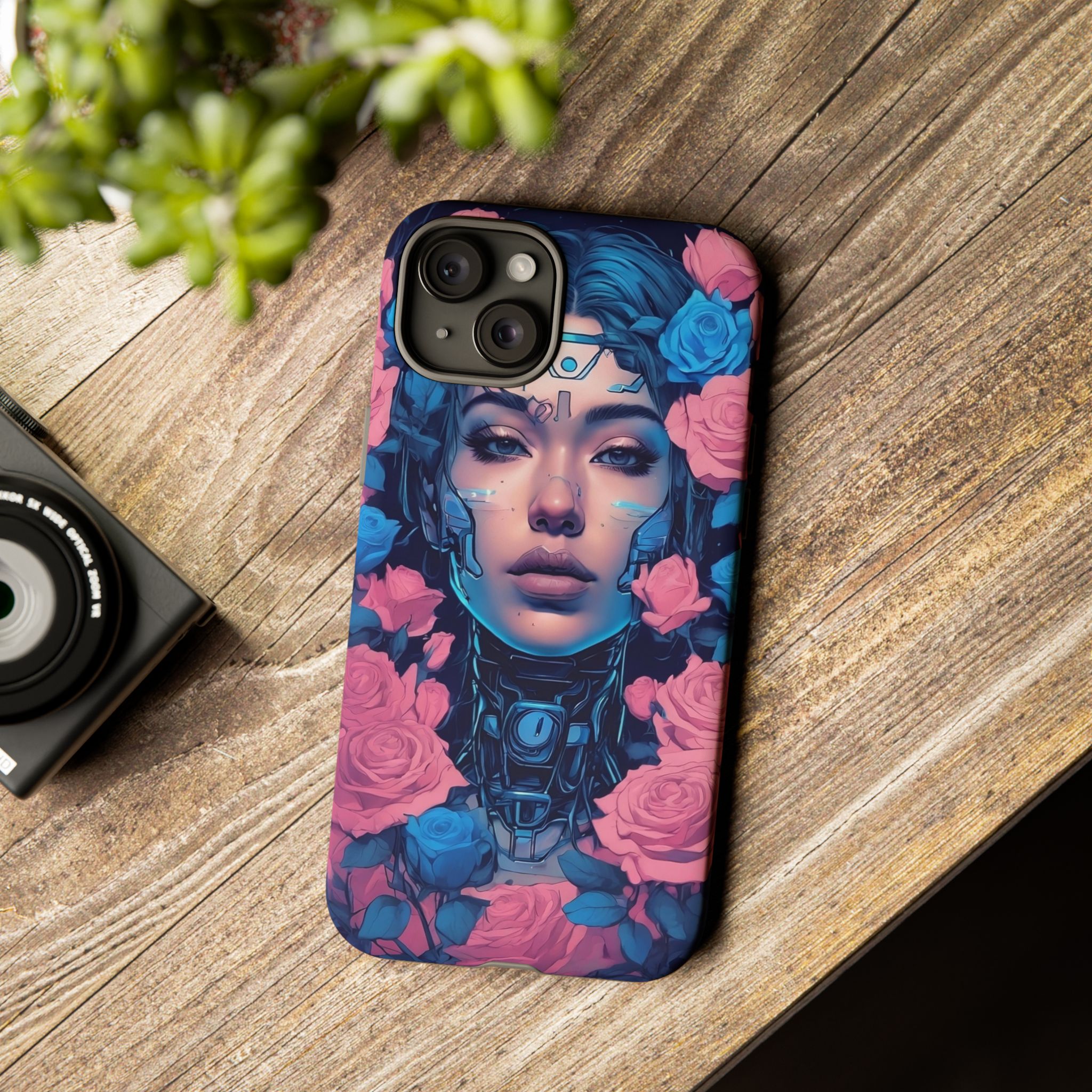 Phone Case, Tough Anime Woman Sci Fi Roses Design, Pink Blue Floral Cover, Protective iPhone Samsung Huawei Google, Gift for Anime Lovers, - Image 12