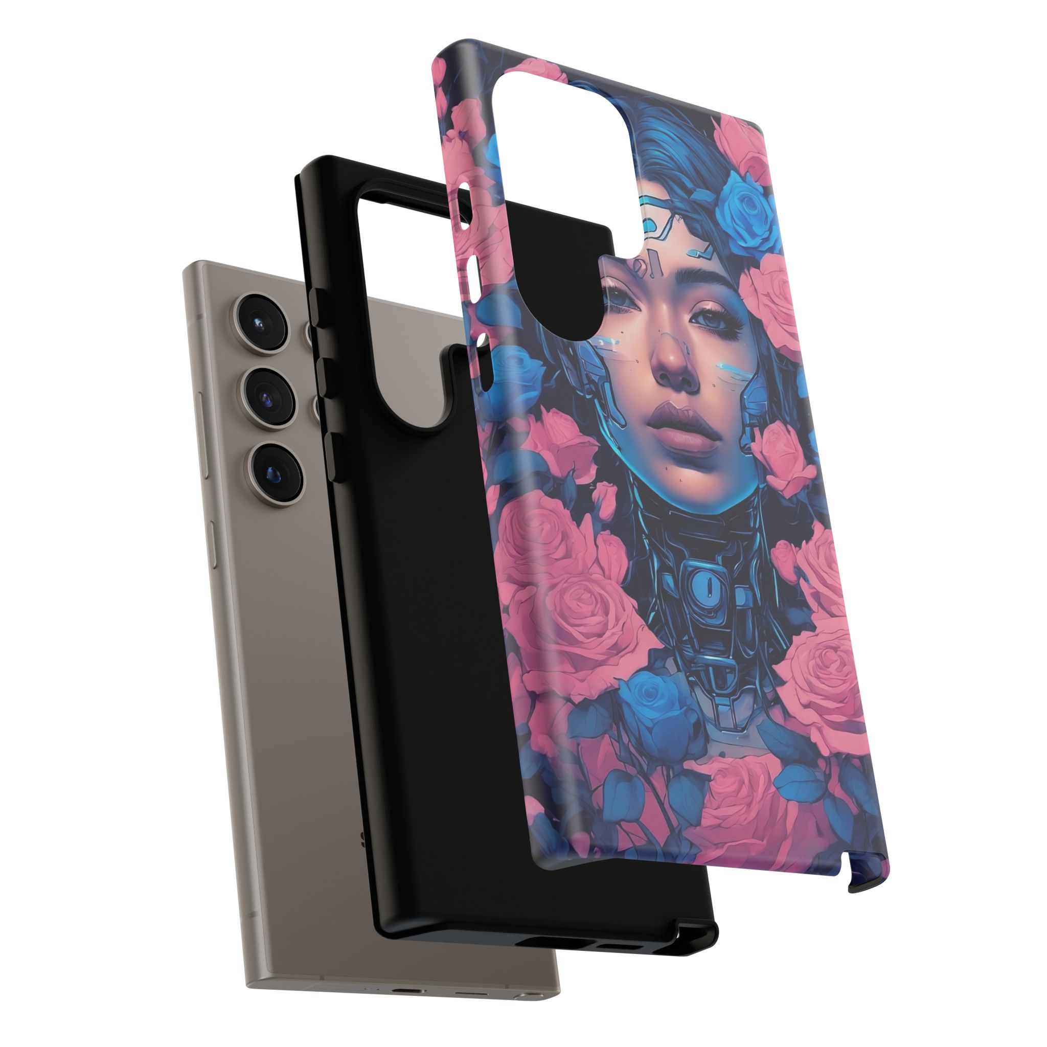 Phone Case, Tough Anime Woman Sci Fi Roses Design, Pink Blue Floral Cover, Protective iPhone Samsung Huawei Google, Gift for Anime Lovers, - Image 48