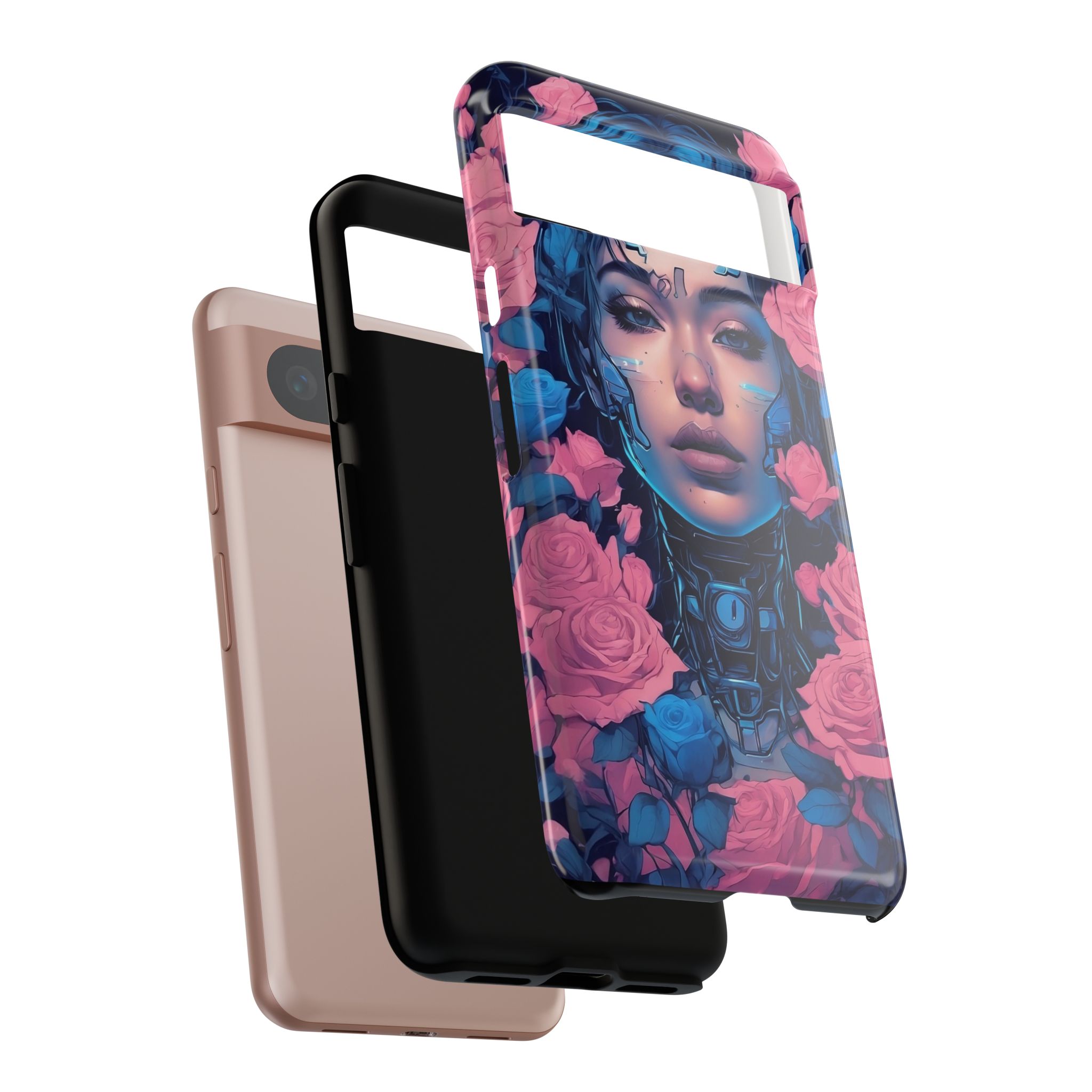 Phone Case, Tough Anime Woman Sci Fi Roses Design, Pink Blue Floral Cover, Protective iPhone Samsung Huawei Google, Gift for Anime Lovers, - Image 60
