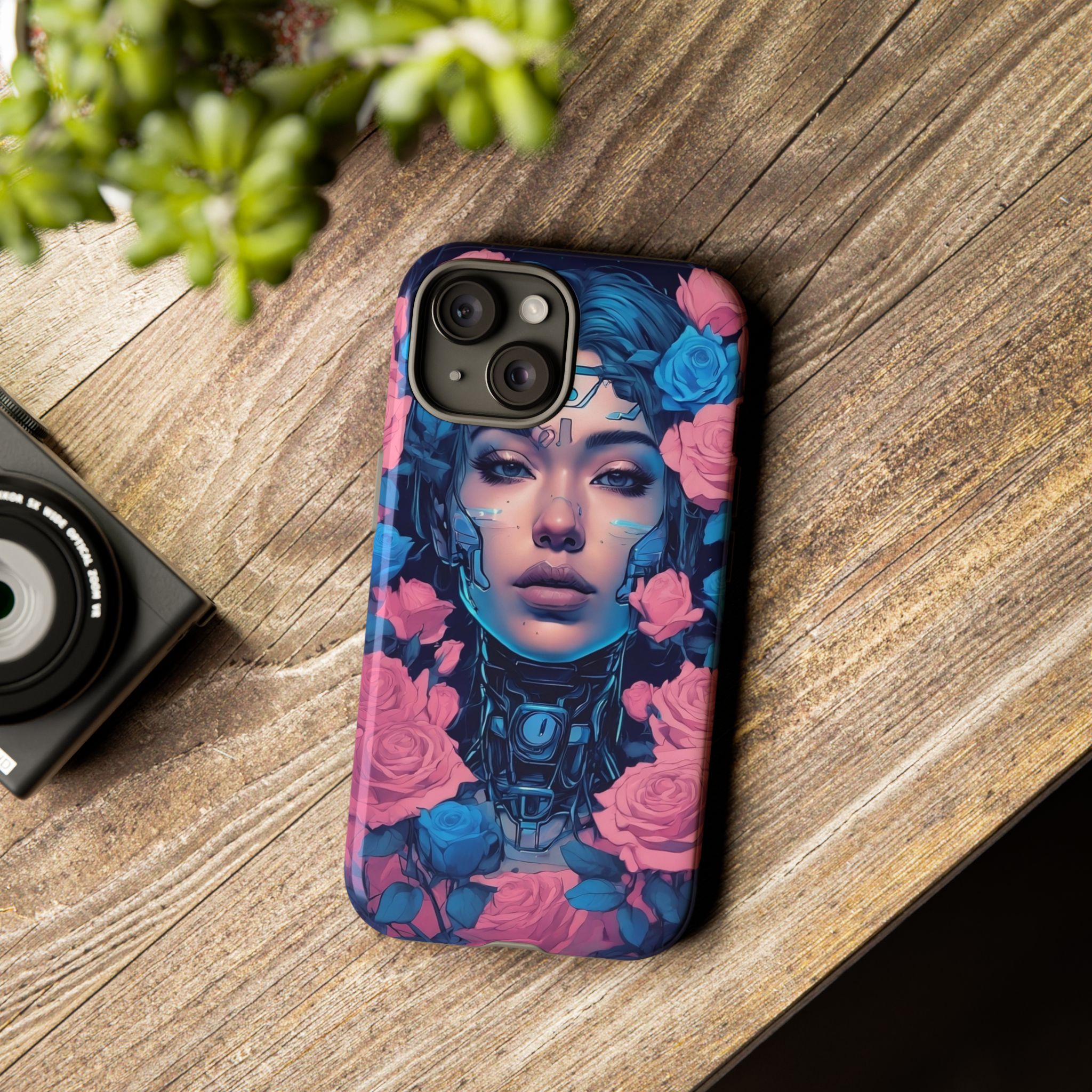 Phone Case, Tough Anime Woman Sci Fi Roses Design, Pink Blue Floral Cover, Protective iPhone Samsung Huawei Google, Gift for Anime Lovers, - Image 3