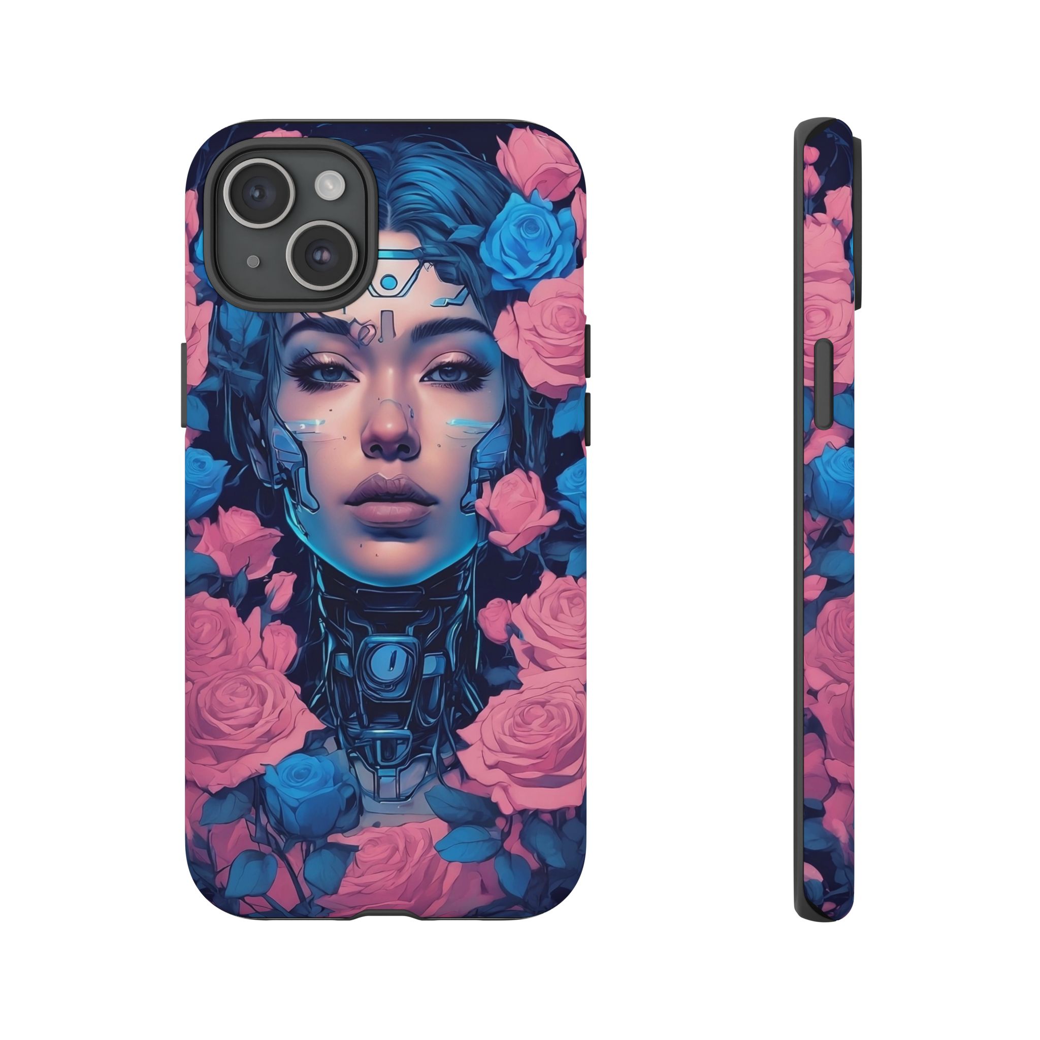 Phone Case, Tough Anime Woman Sci Fi Roses Design, Pink Blue Floral Cover, Protective iPhone Samsung Huawei Google, Gift for Anime Lovers, - Image 10