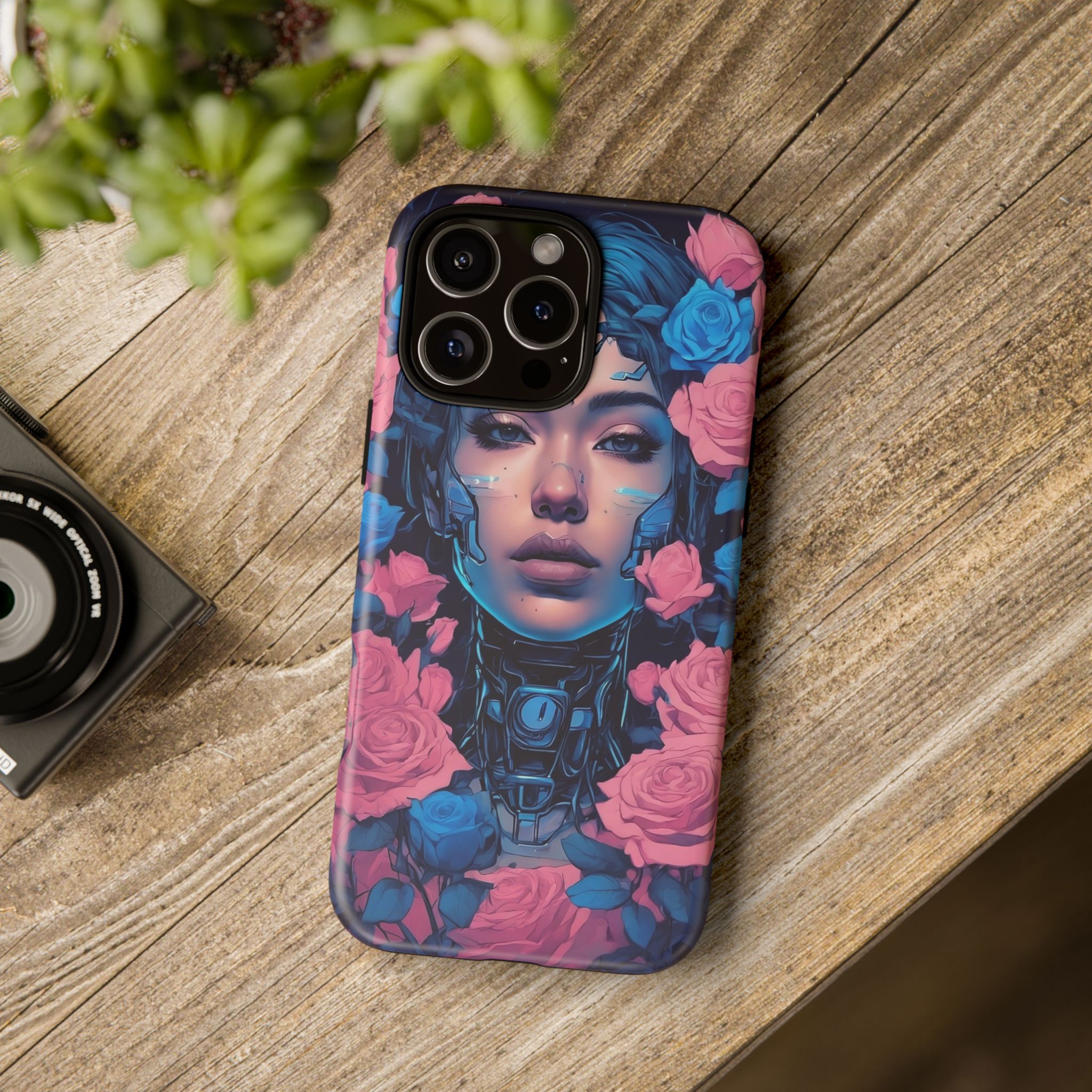 Phone Case, Tough Anime Woman Sci Fi Roses Design, Pink Blue Floral Cover, Protective iPhone Samsung Huawei Google, Gift for Anime Lovers, - Image 96