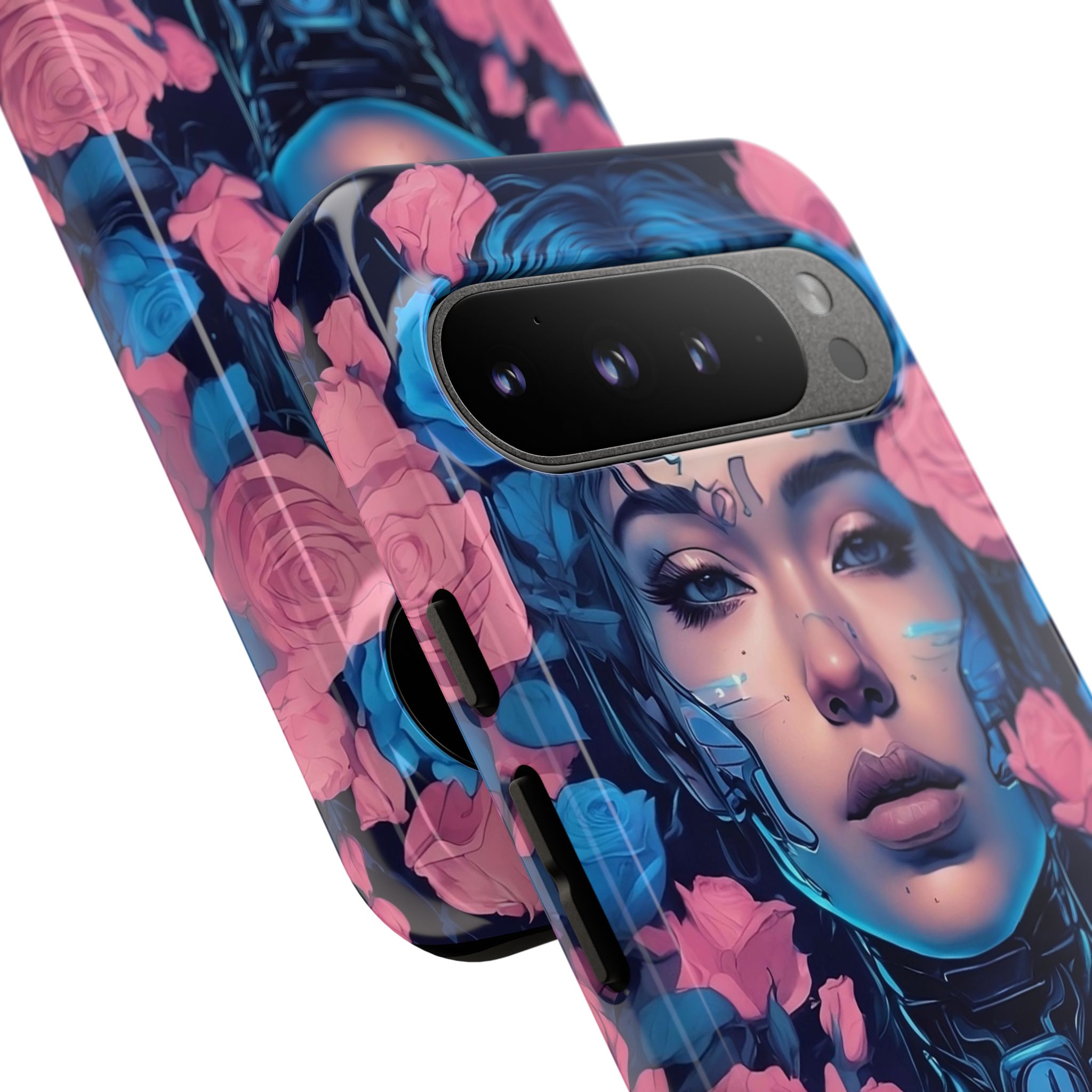Phone Case, Tough Anime Woman Sci Fi Roses Design, Pink Blue Floral Cover, Protective iPhone Samsung Huawei Google, Gift for Anime Lovers, - Image 110