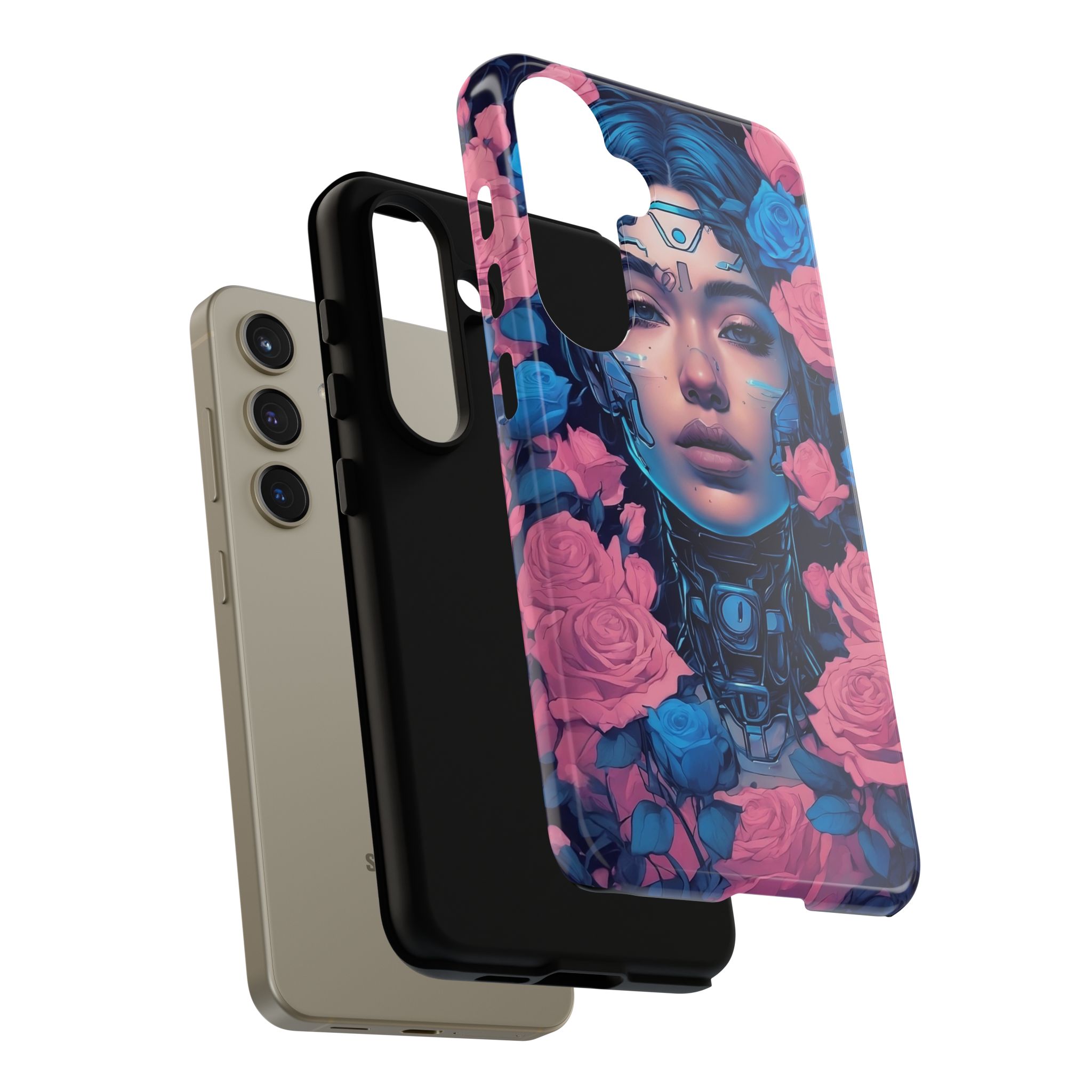 Phone Case, Tough Anime Woman Sci Fi Roses Design, Pink Blue Floral Cover, Protective iPhone Samsung Huawei Google, Gift for Anime Lovers, - Image 28