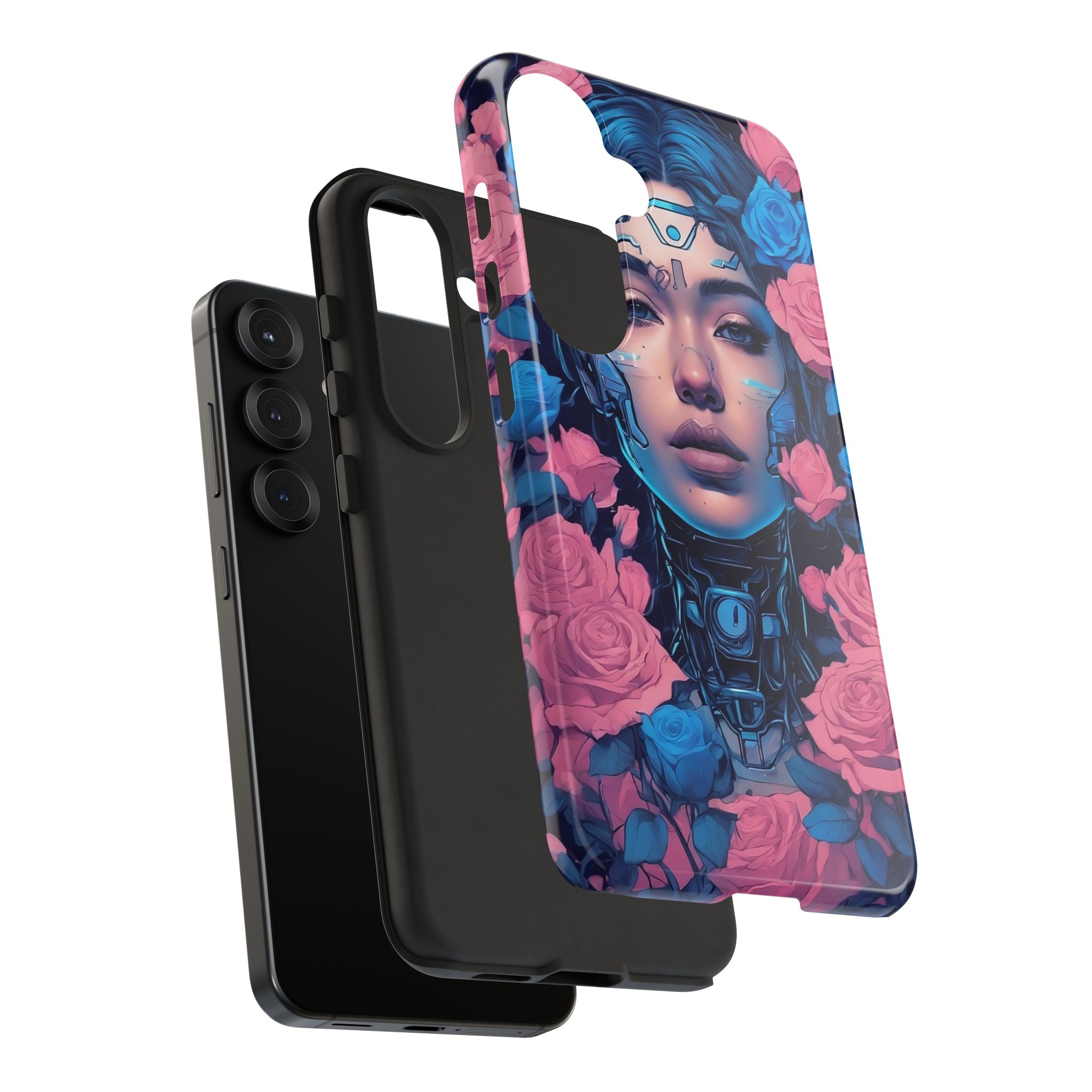 Phone Case, Tough Anime Woman Sci Fi Roses Design, Pink Blue Floral Cover, Protective iPhone Samsung Huawei Google, Gift for Anime Lovers, - Image 118