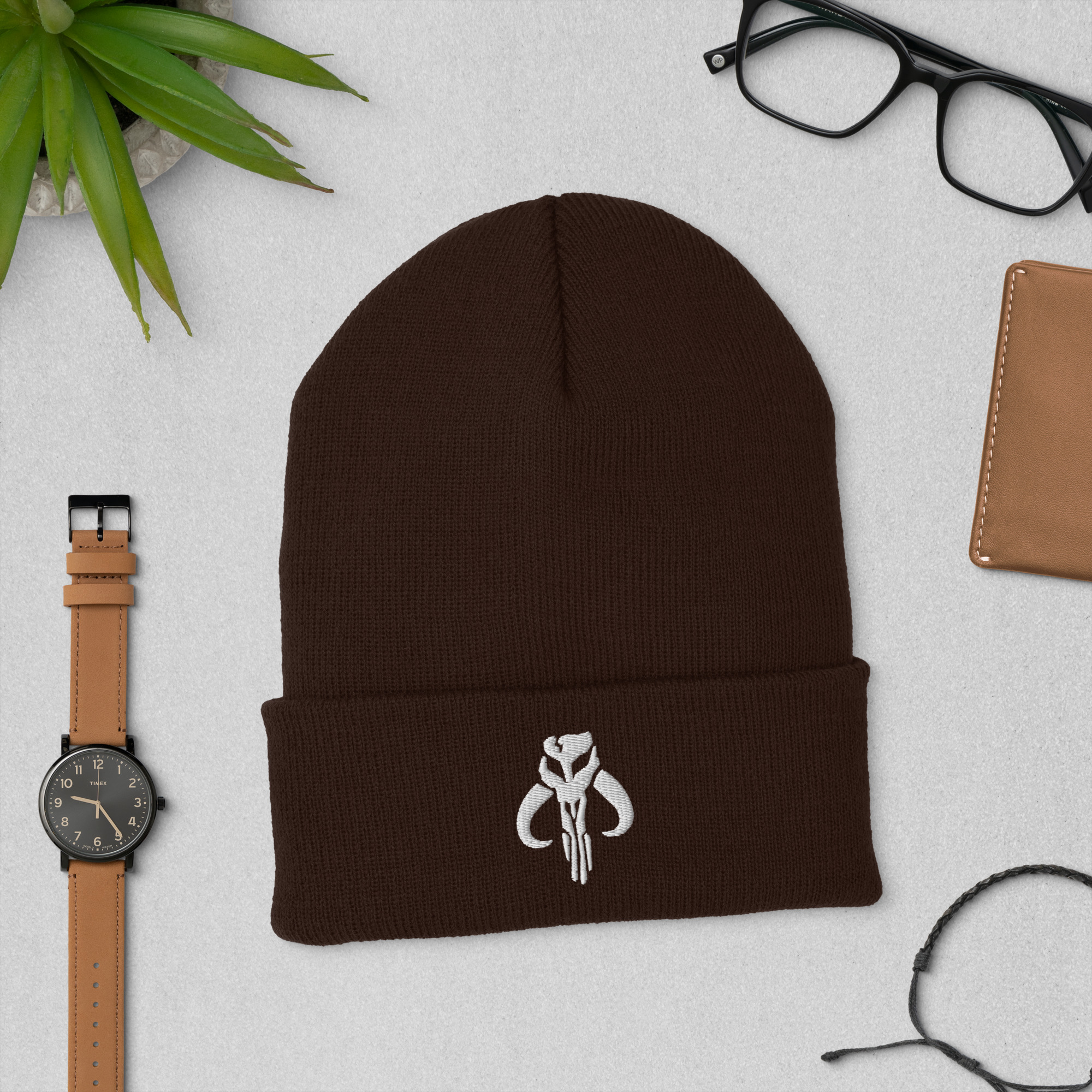 Mythosaur Cuffed Beanie | Mandalorian Skull Embroidered Winter Hat - Image 2