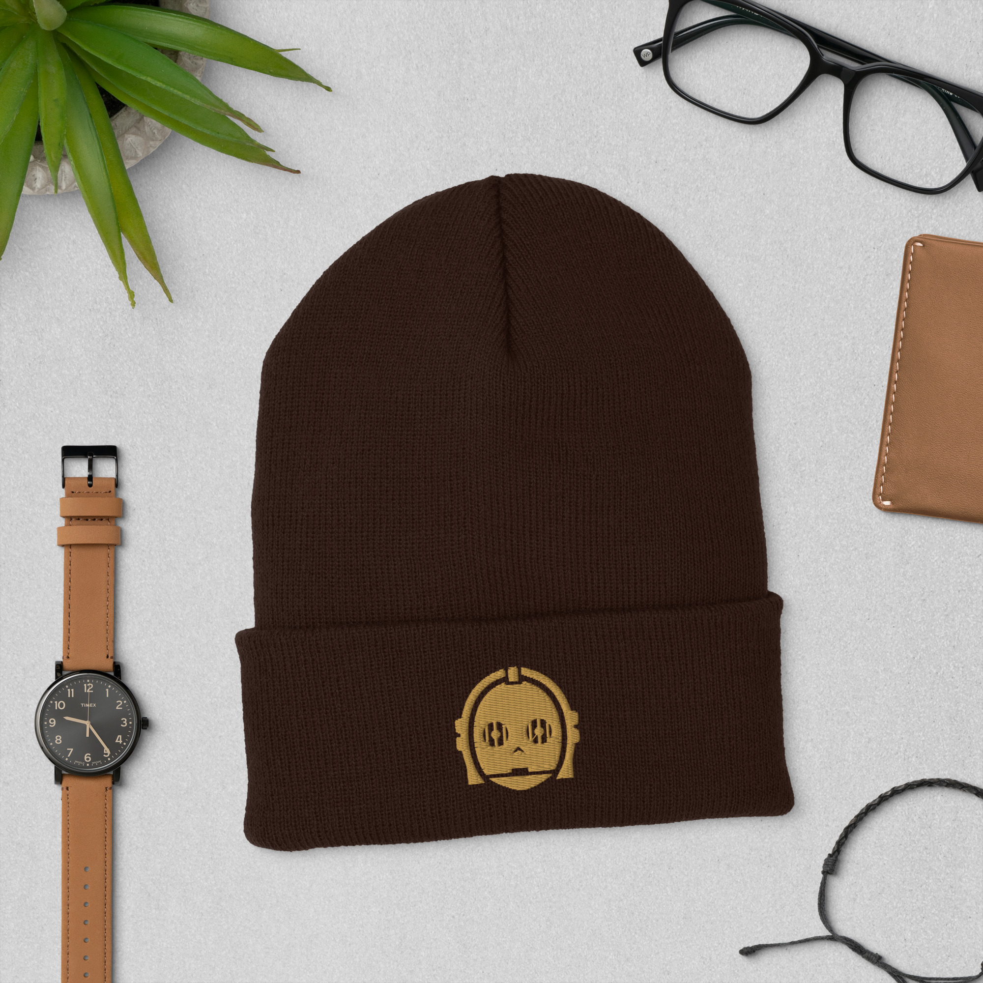 C3PO Embroidered Cuffed Beanie | Golden Droid Winter Hat - Image 2