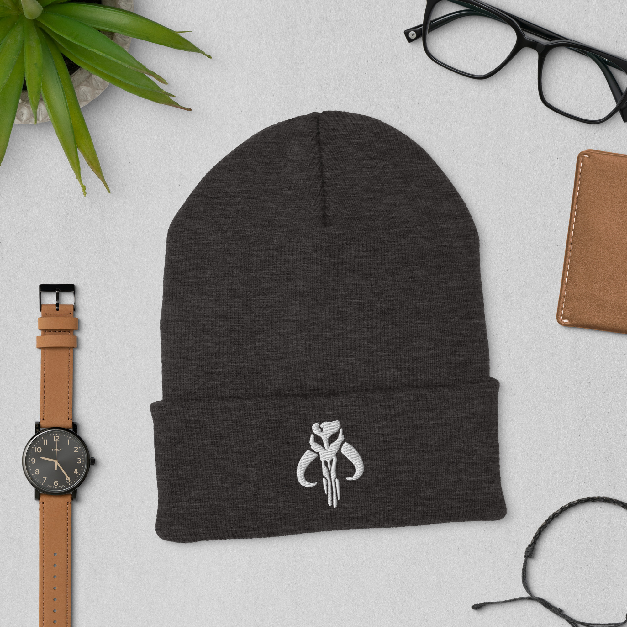Mythosaur Cuffed Beanie | Mandalorian Skull Embroidered Winter Hat - Image 4