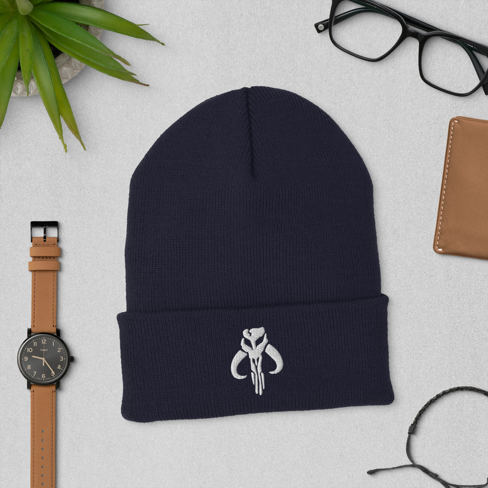 Mythosaur Cuffed Beanie | Mandalorian Skull Embroidered Winter Hat - Image 3