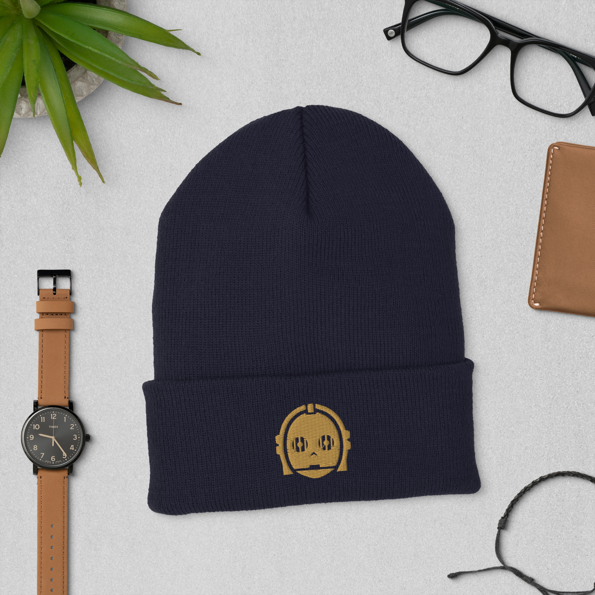 C3PO Embroidered Cuffed Beanie | Golden Droid Winter Hat - Image 3