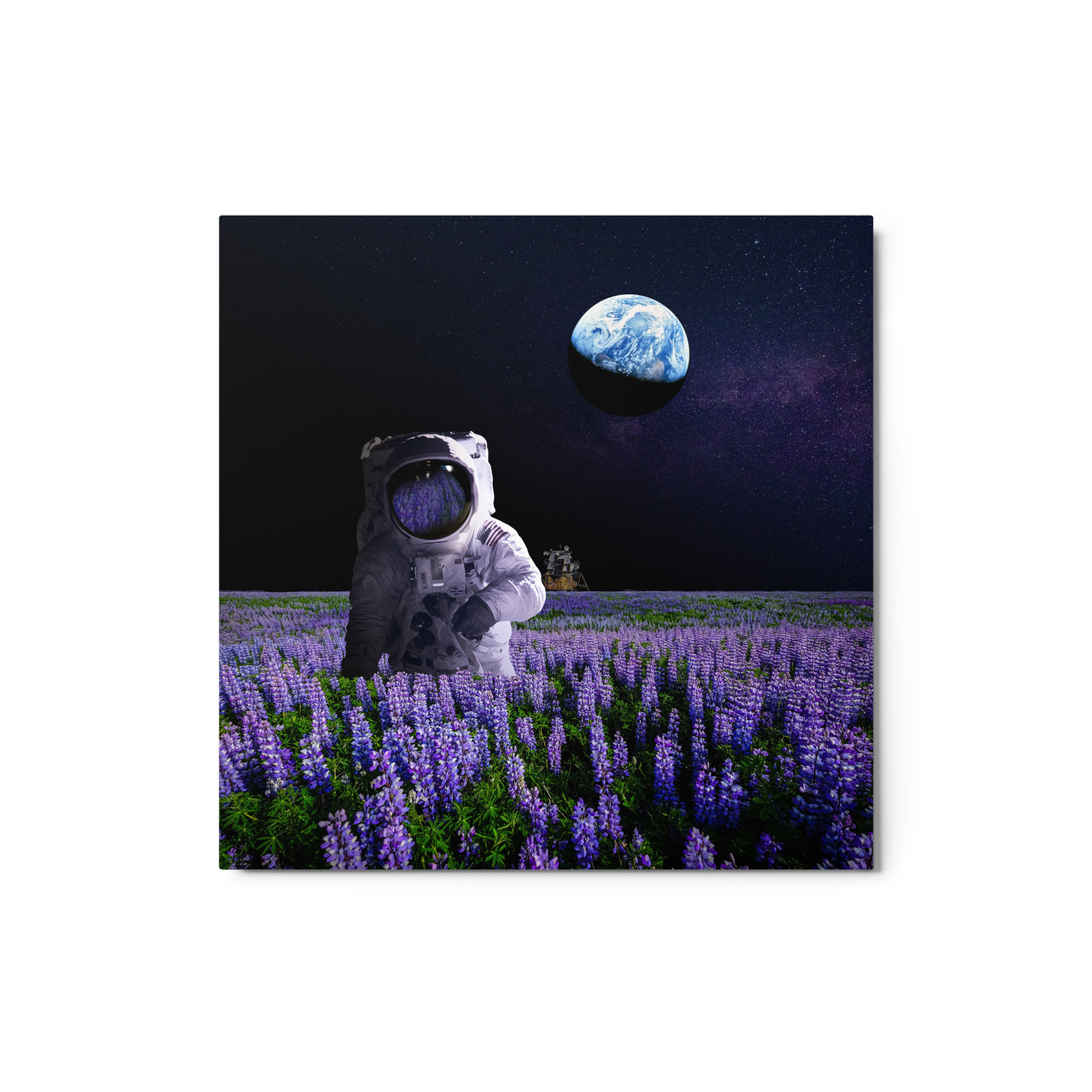 Astronaut in a Lilac Field Moon Metal Print | Space Wall Art - Image 2